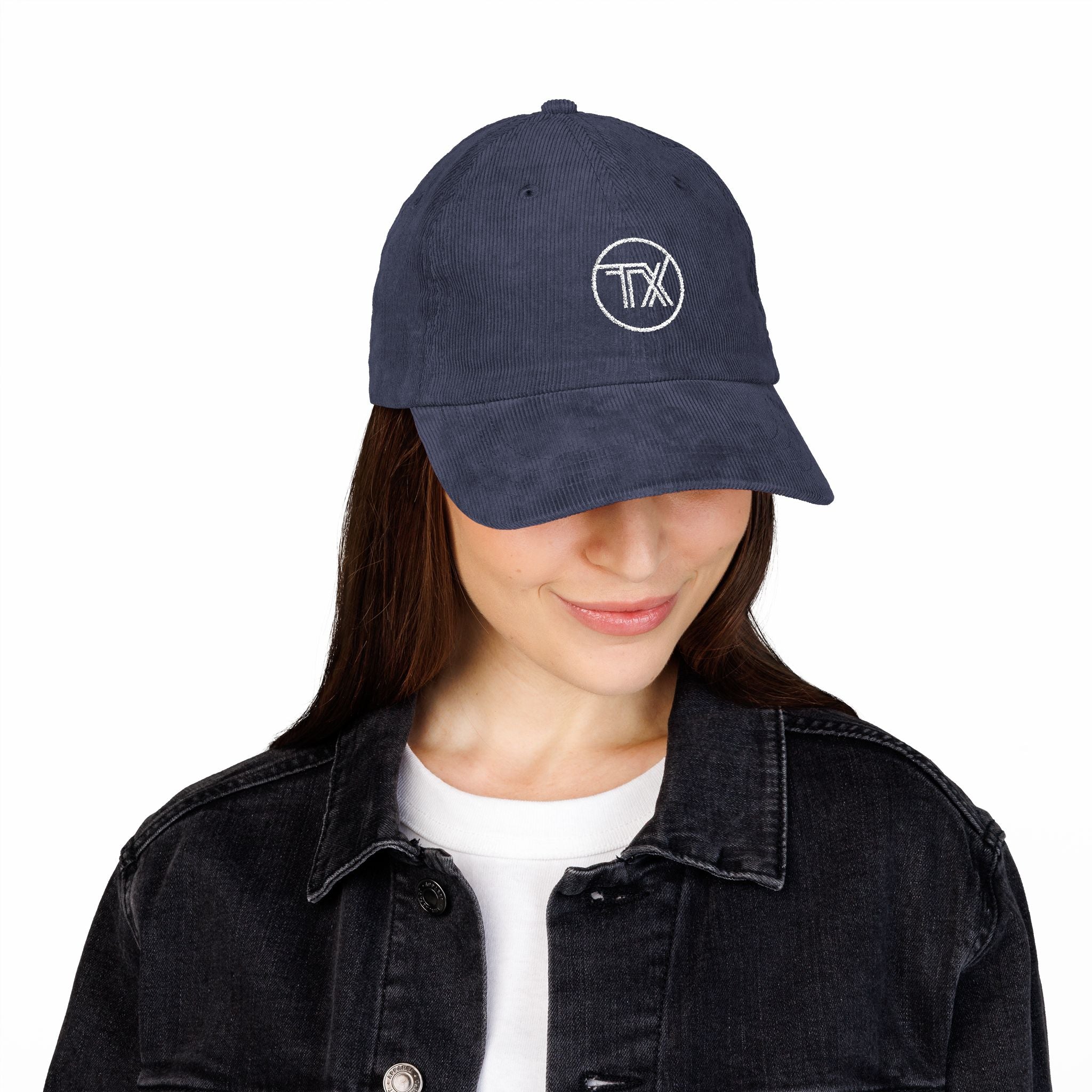 Person wearing a navy blue cap with a logo on a white background