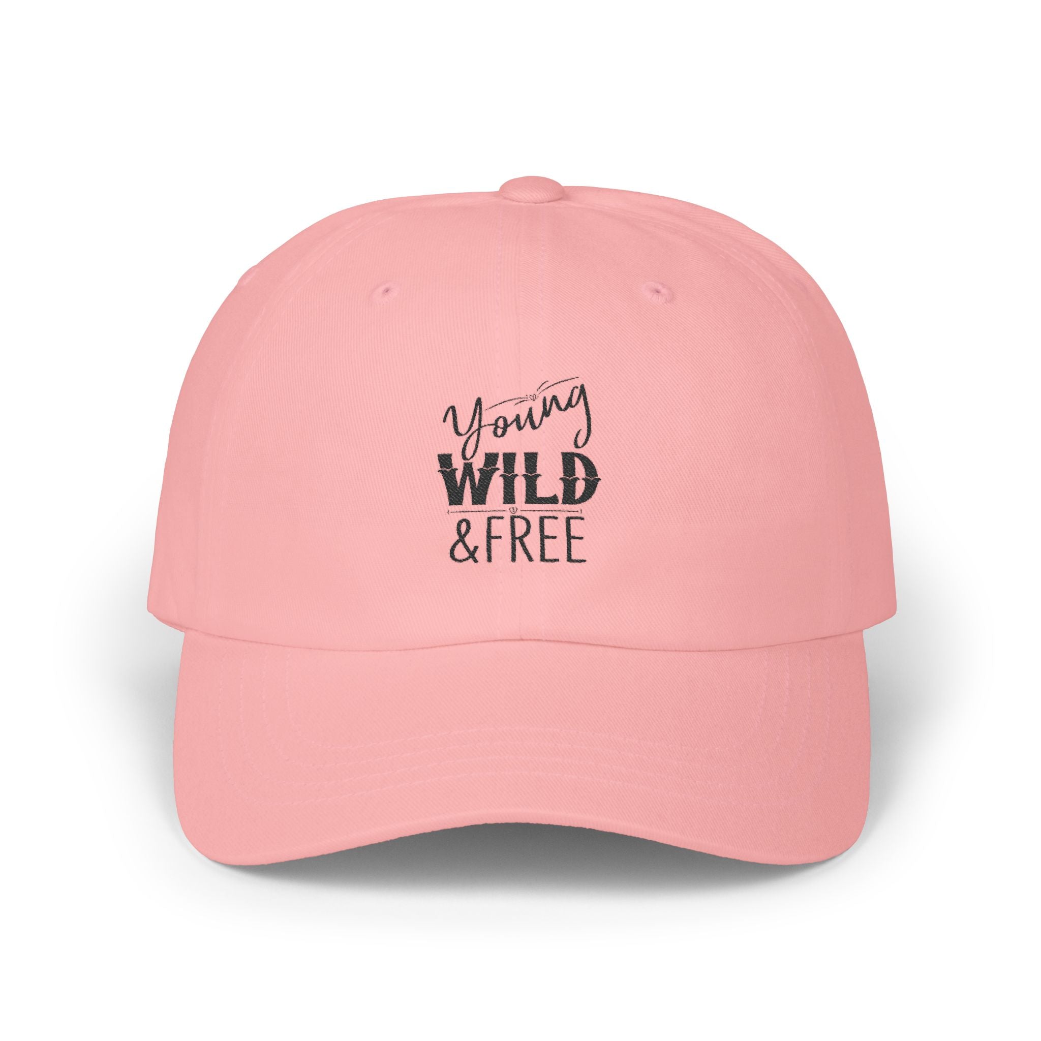 Pink cap with 'Young Wild Free' text on a white background