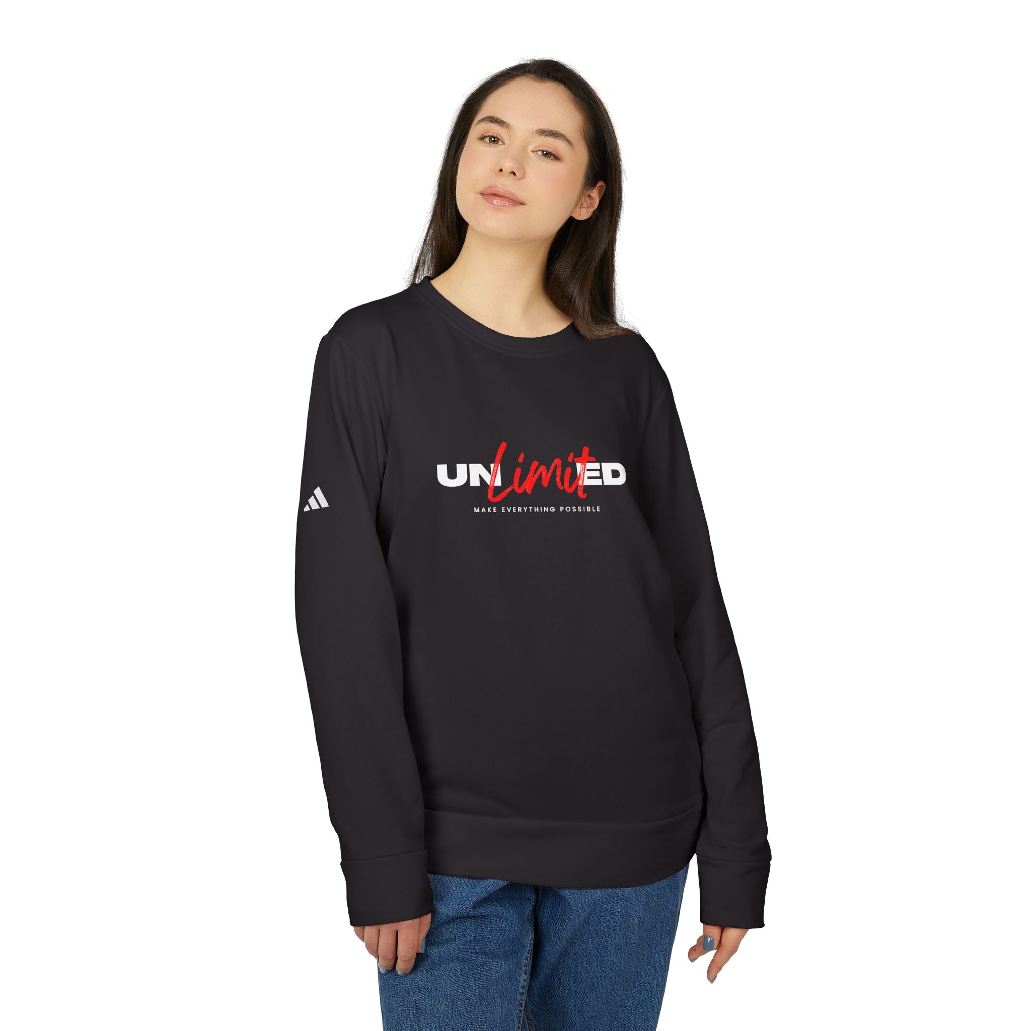 Person wearing a black sweatshirt with 'UNLIMITED' text and Adidas logo on a white background