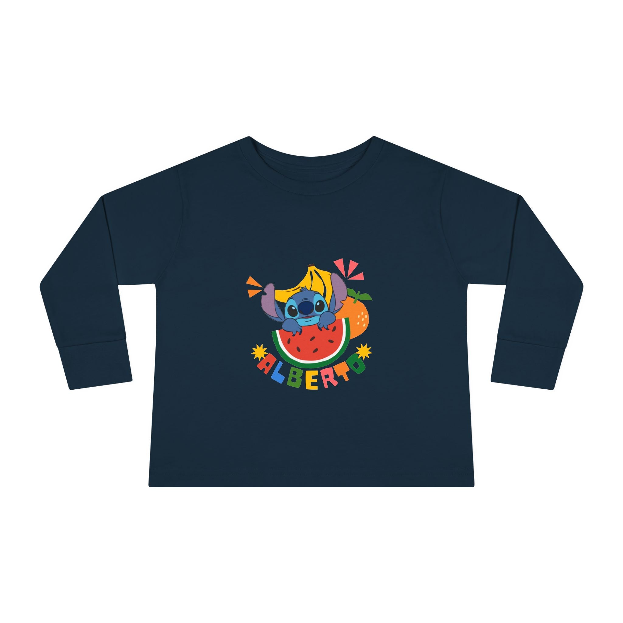 Navy blue long-sleeve shirt with colorful graphic design on a white background