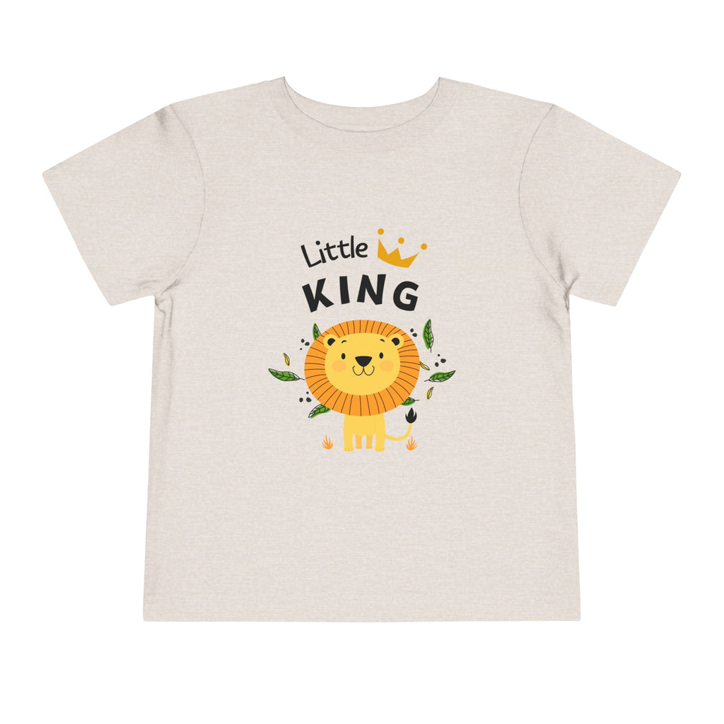 Beige t-shirt with a lion graphic and 'Little King' text on a white background