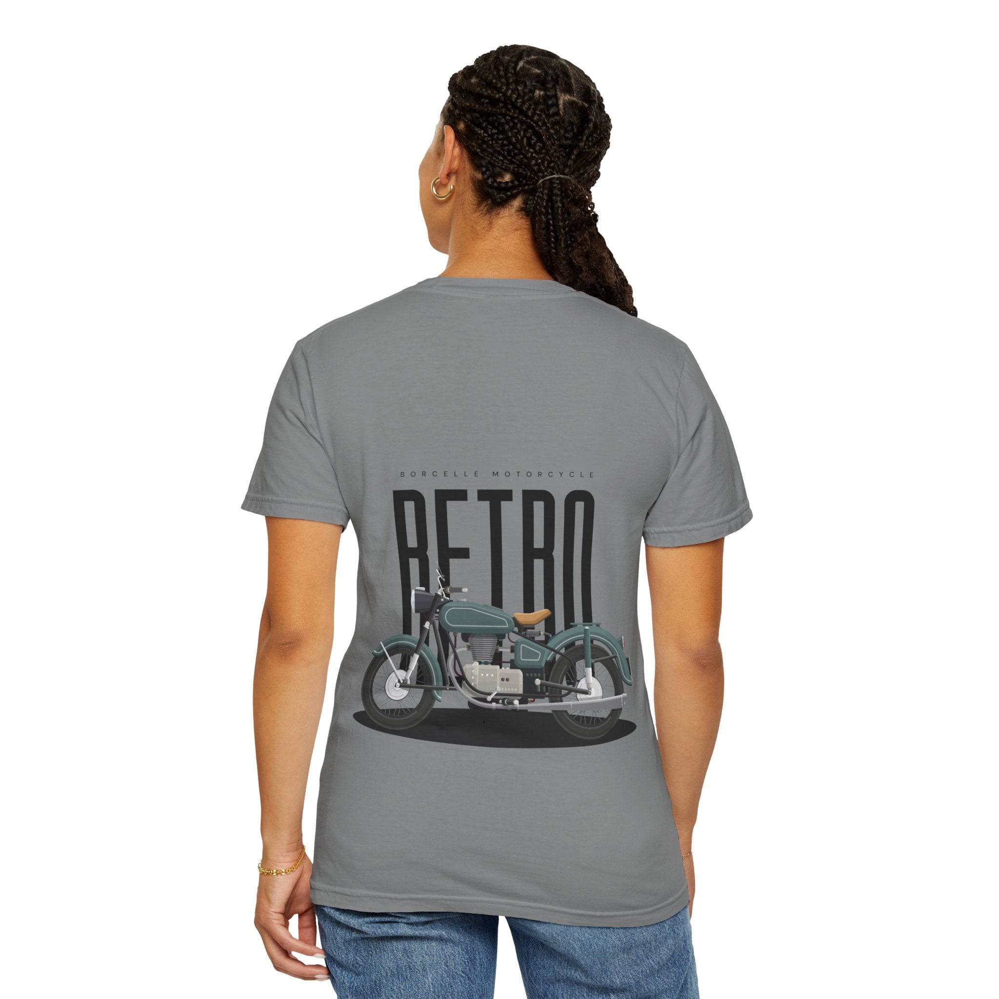 Person wearing a gray t-shirt with a motorcycle graphic and 'Retro' text on the back.