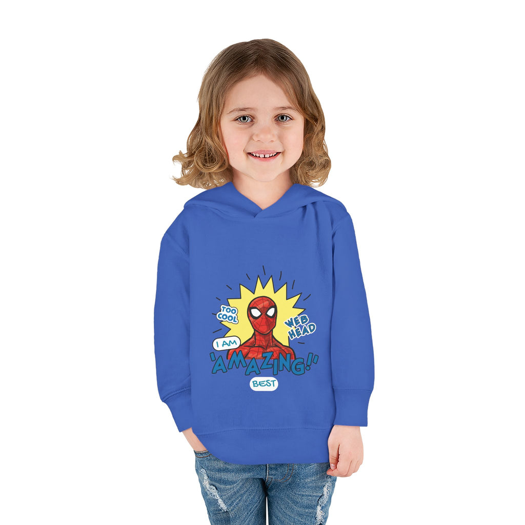 Child wearing a blue hoodie with a Spider-Man graphic and text on a white background