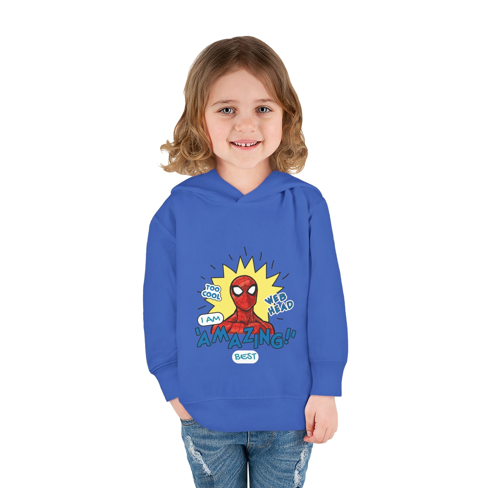 Child wearing a blue hoodie with a Spider-Man graphic and text on a white background