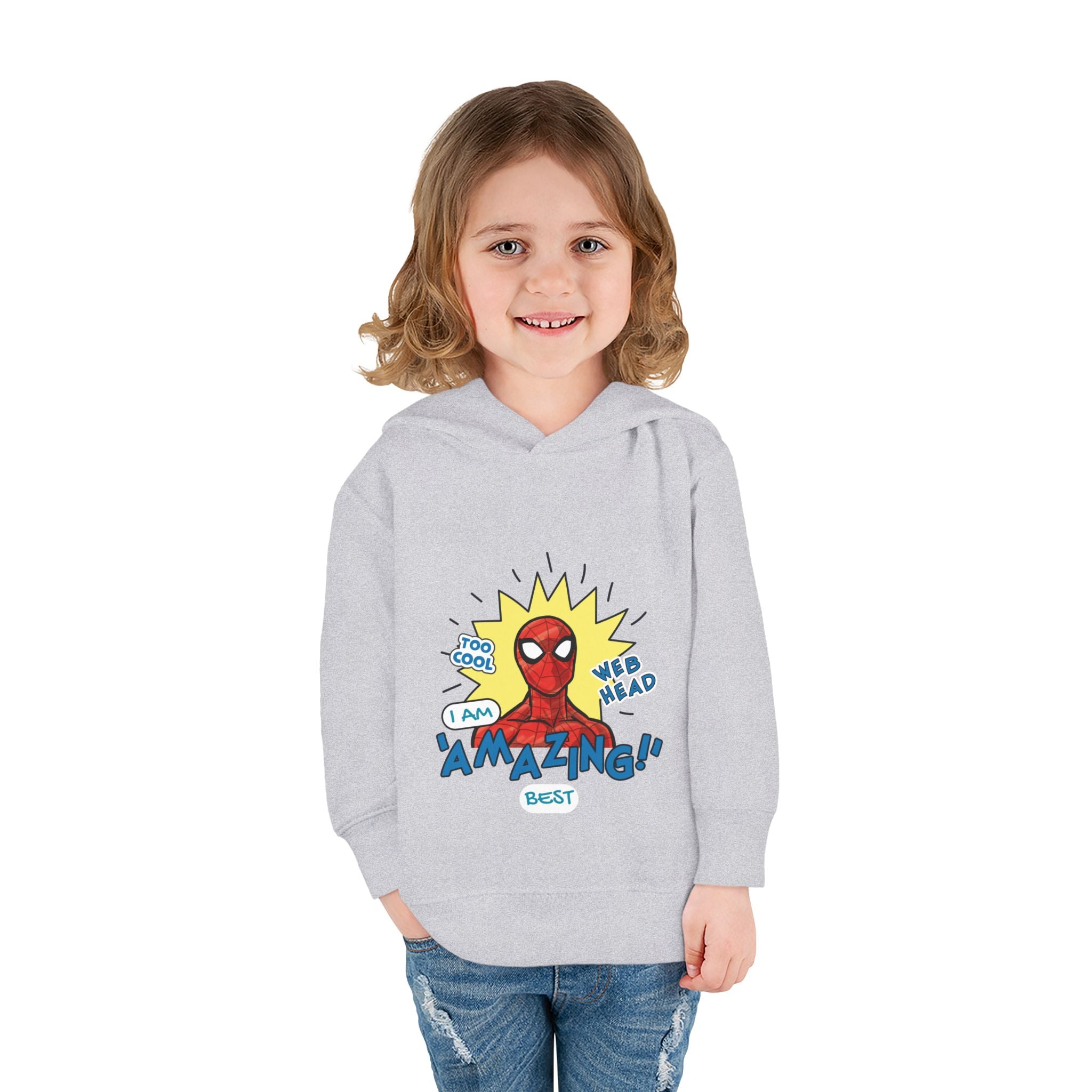 Child wearing a gray hoodie with Spider-Man graphic on a white background