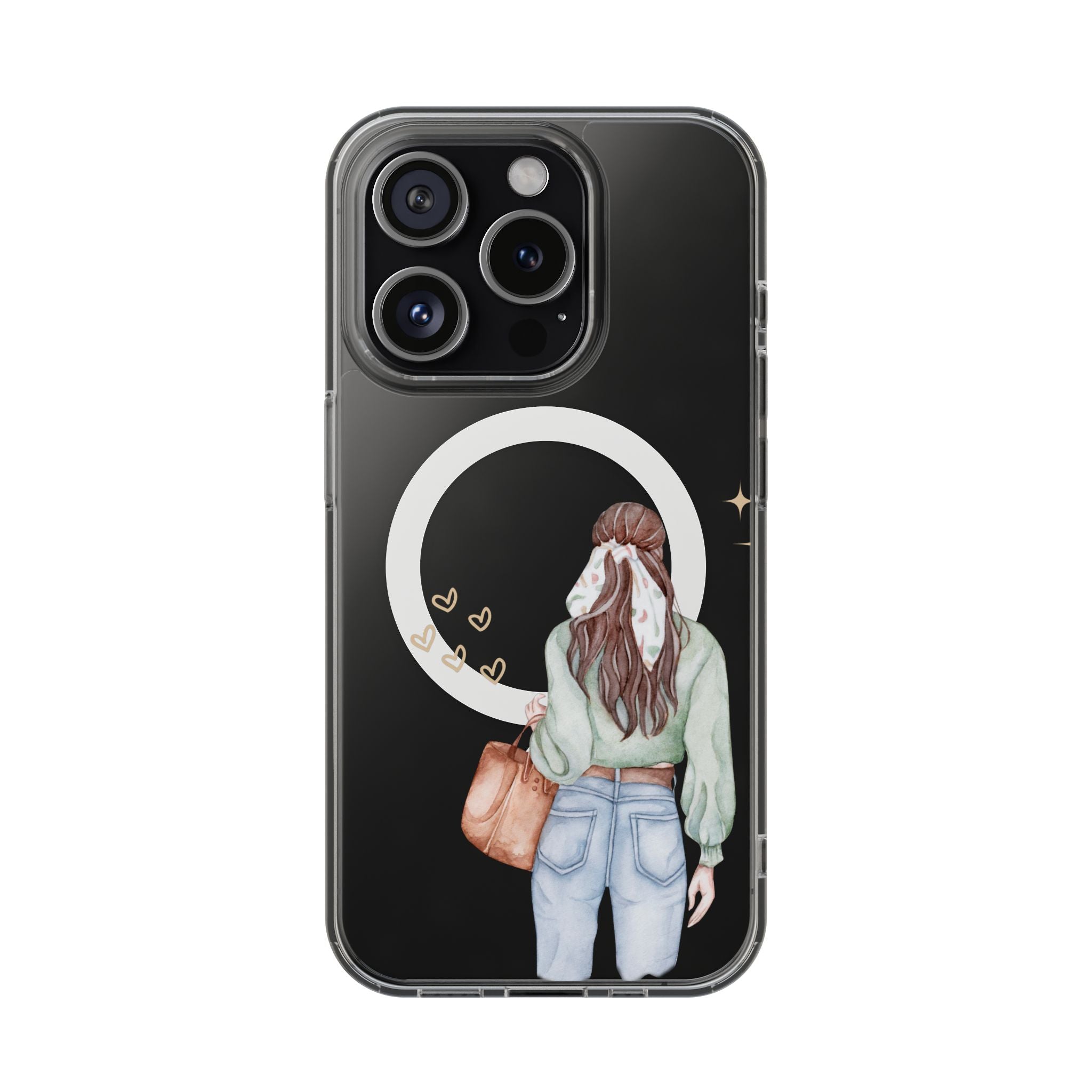 Phone case with an illustration of a person holding a bag on a black background