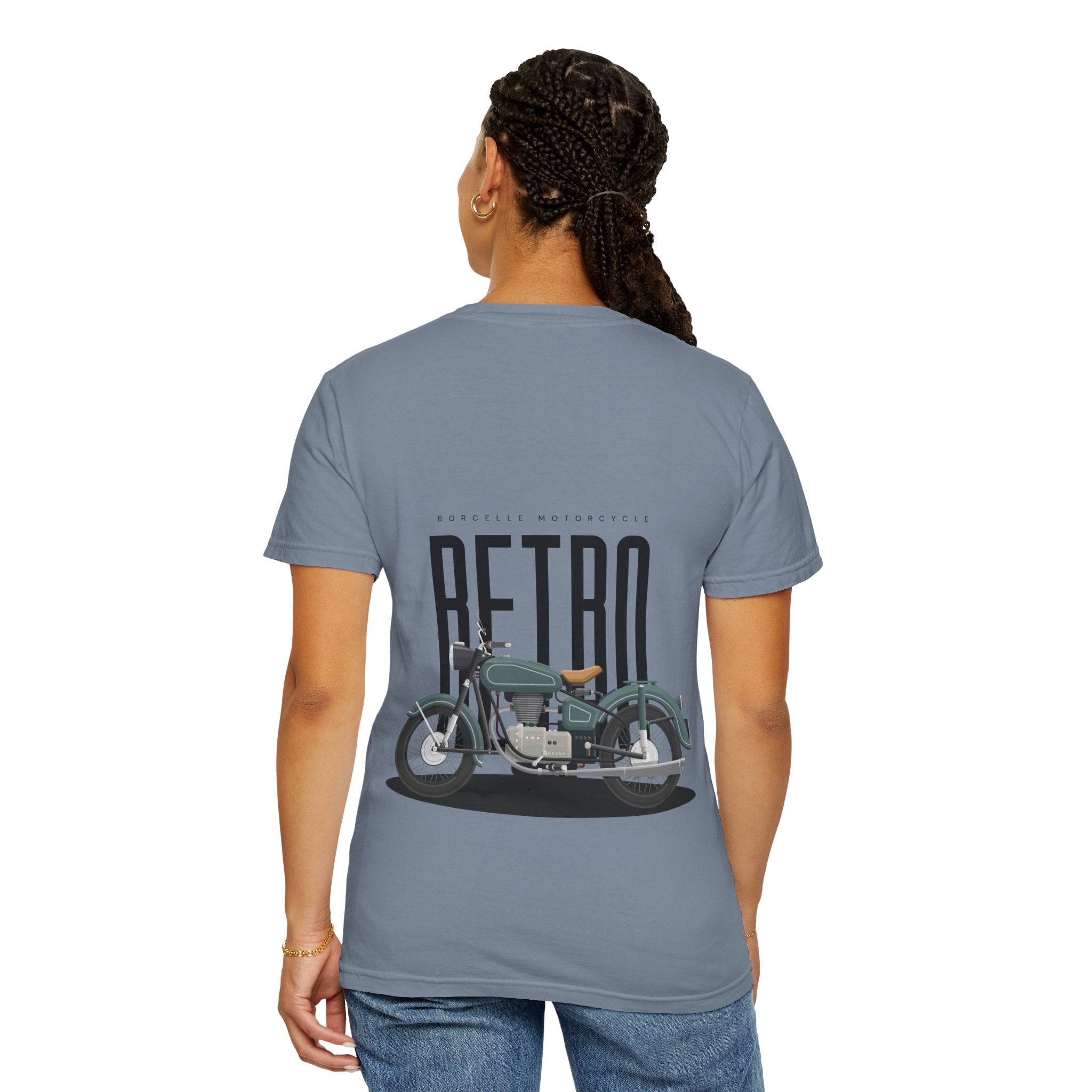 Person wearing a gray t-shirt with a motorcycle graphic and 'Retro' text on the back.
