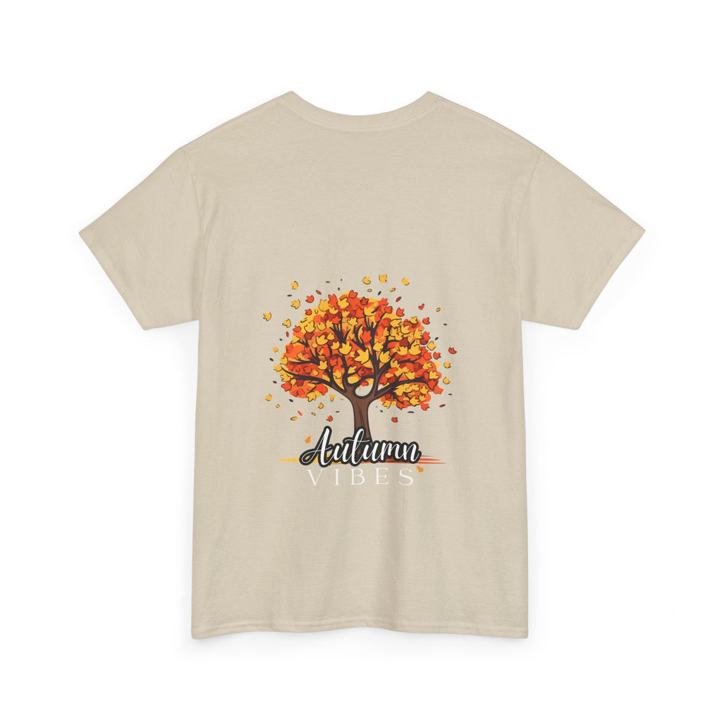 Beige t-shirt with a colorful tree design and 'Autumn Vibes' text on a white background