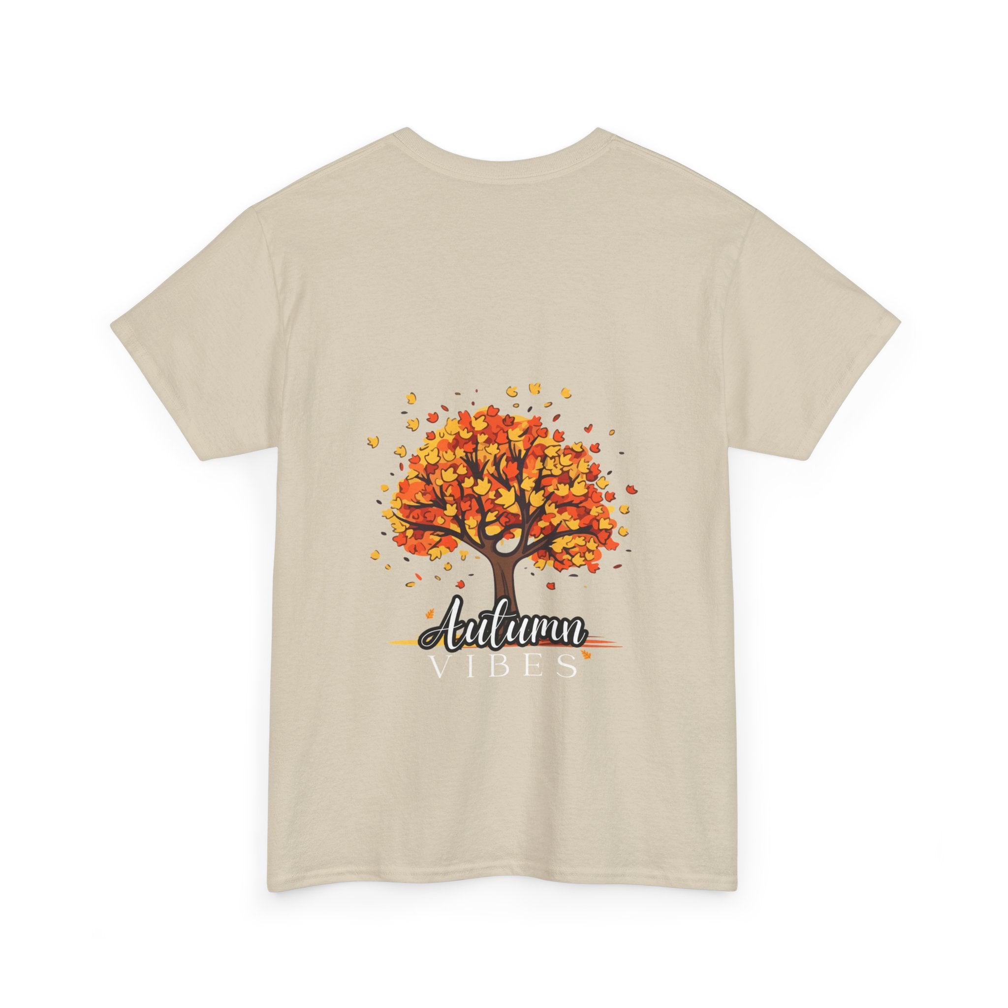 Beige t-shirt with a colorful tree design and 'Autumn Vibes' text on a white background