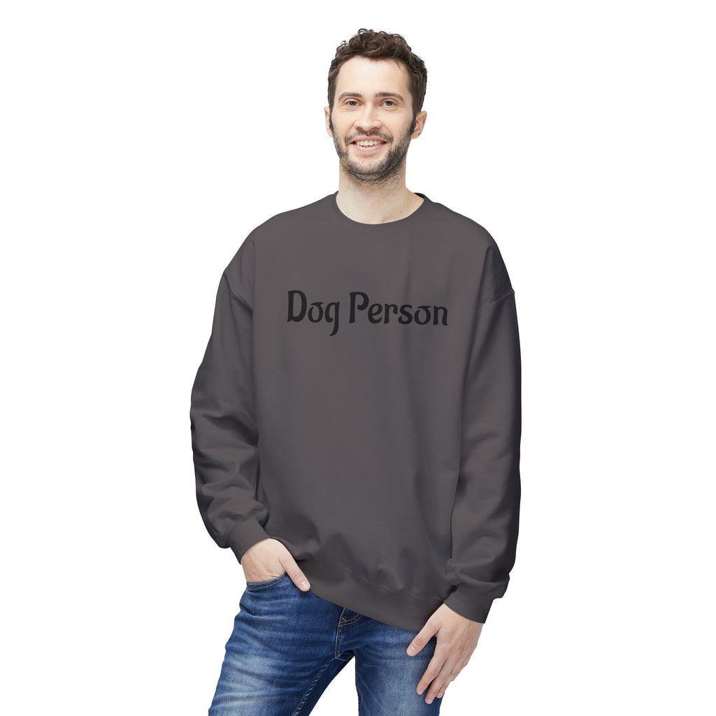 Man wearing a gray sweatshirt with 'Dog Person' text on a white background