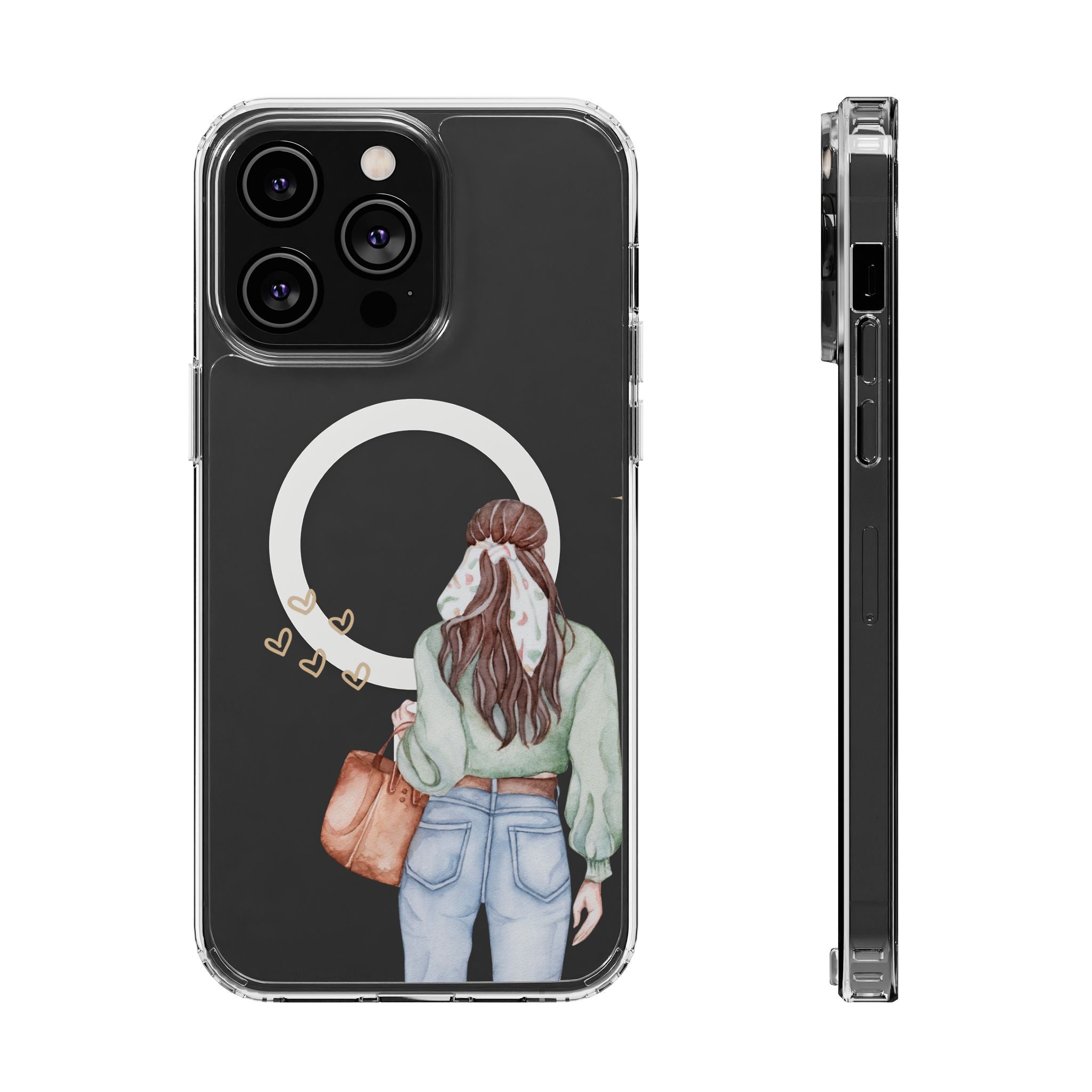 Phone case with illustration of a person holding a mirror and earrings on a black background