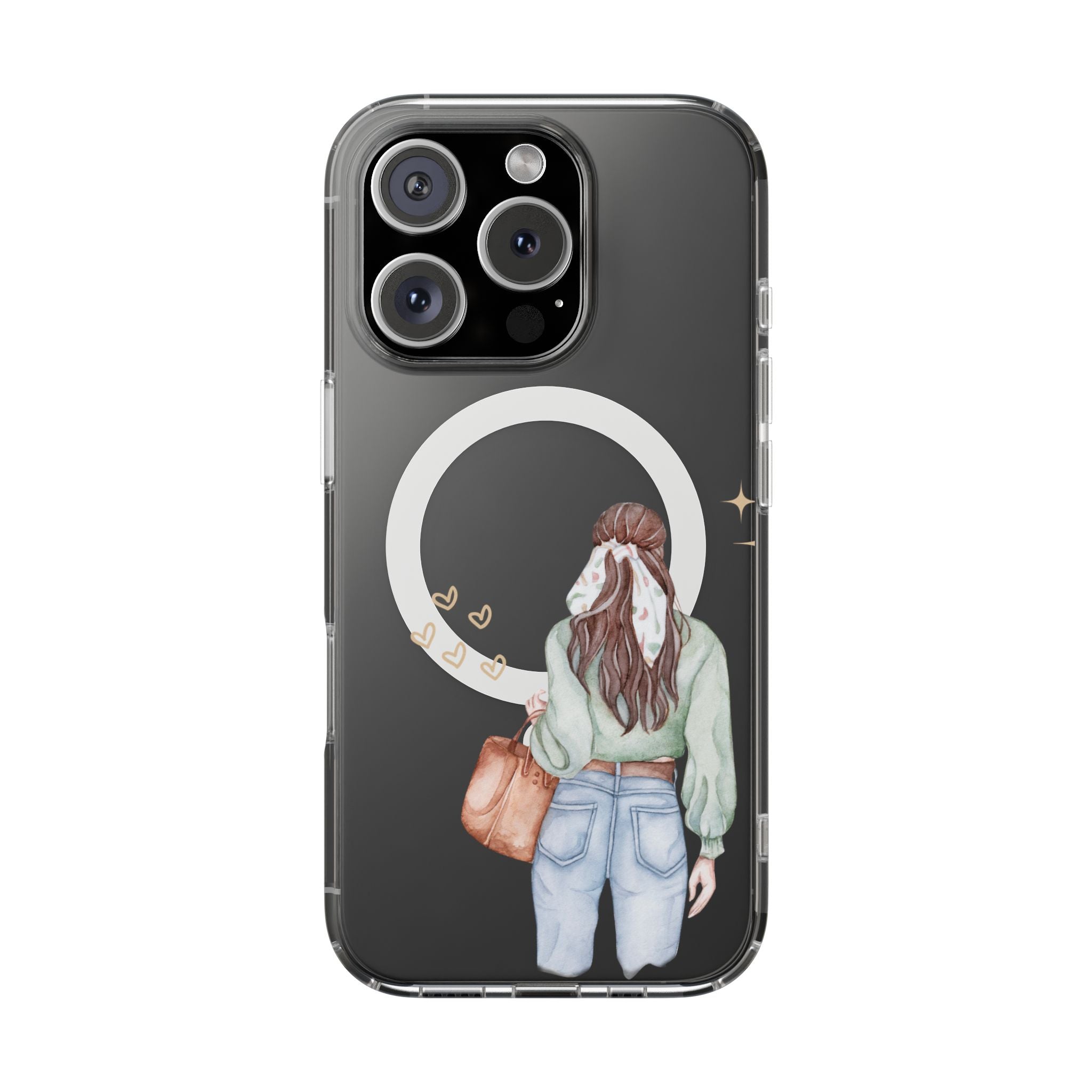 Phone case with illustration of a person holding a bag against a black background