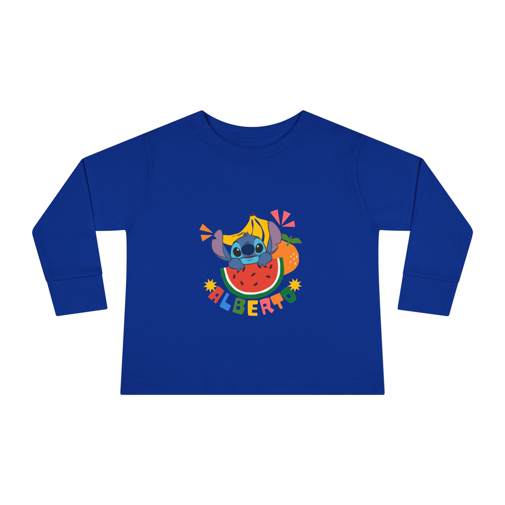 Blue long-sleeve shirt with a colorful graphic of a character and 'Albert' text on a white background