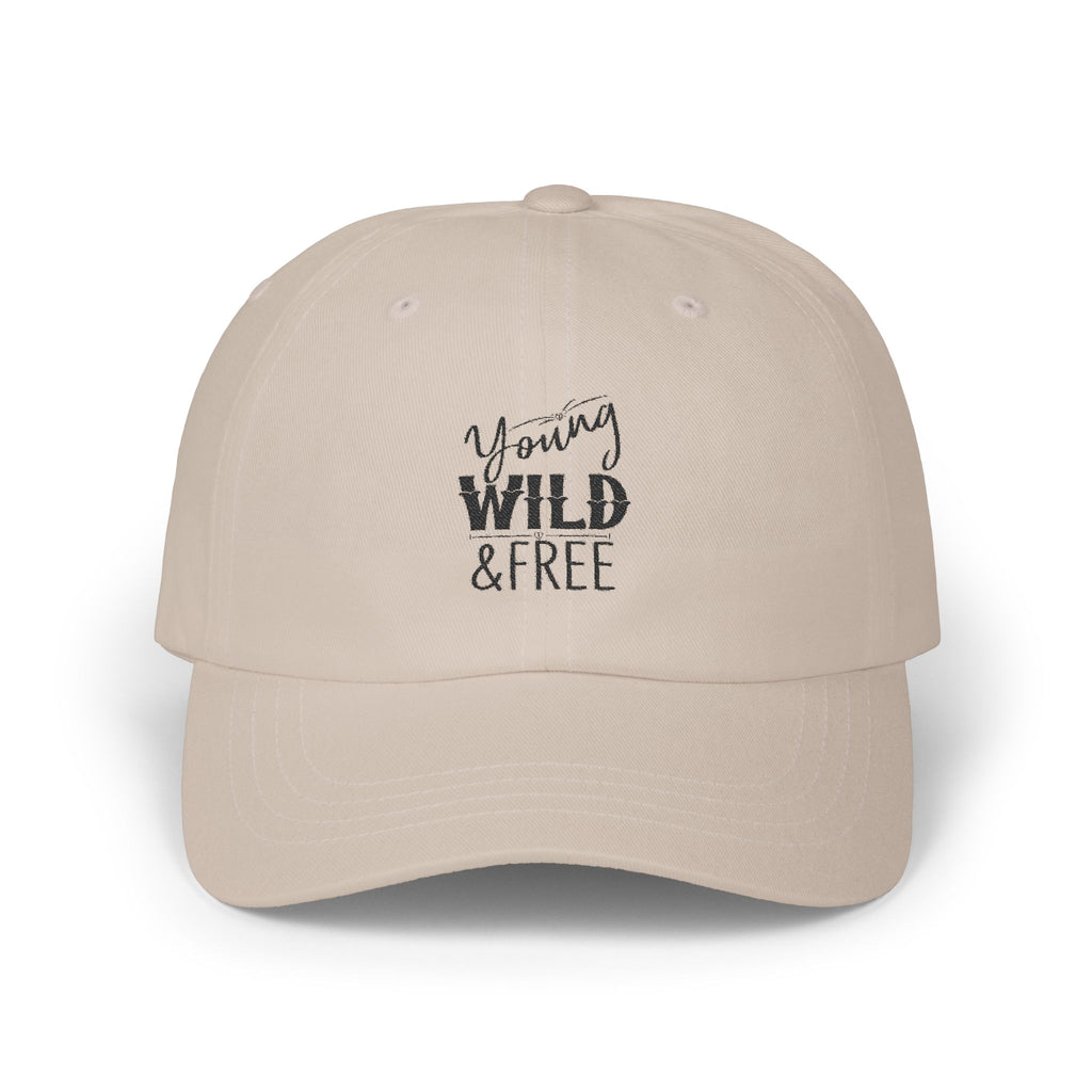 Beige cap with 'Young Wild & Free' text on a white background