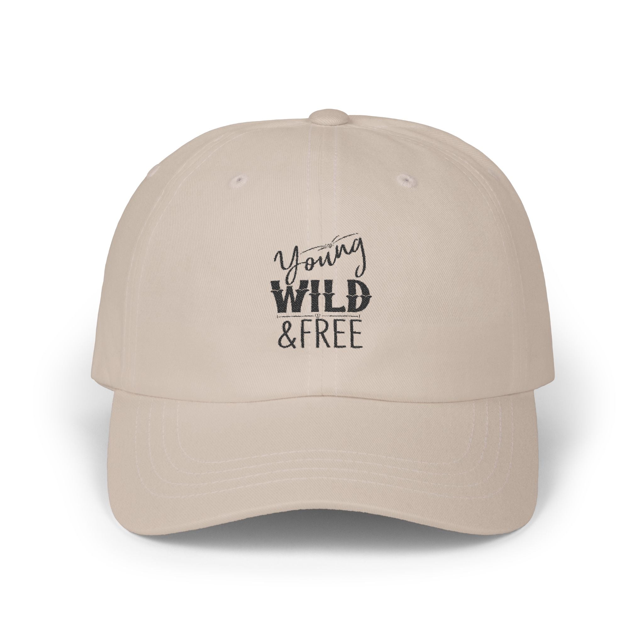 Beige cap with 'Young Wild & Free' text on a white background