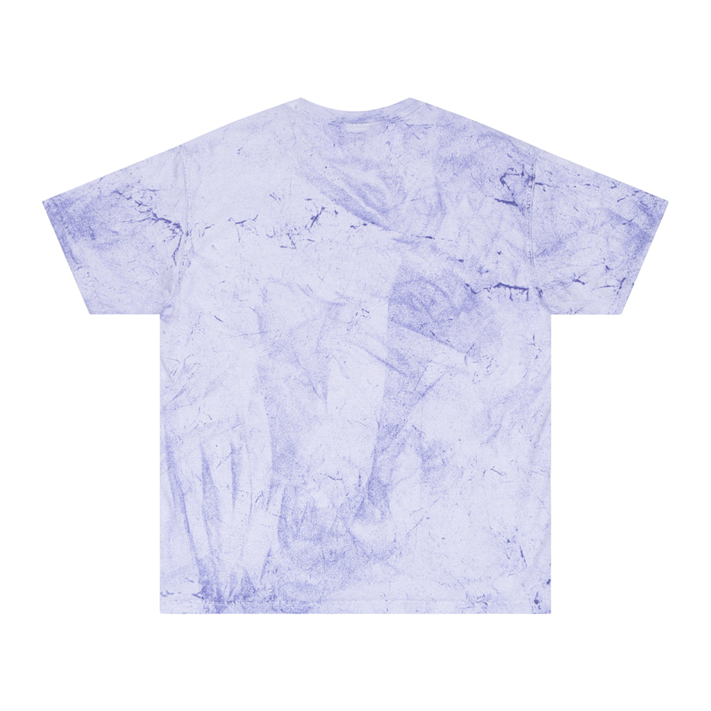 Tie-dye t-shirt with a light purple and white pattern on a white background