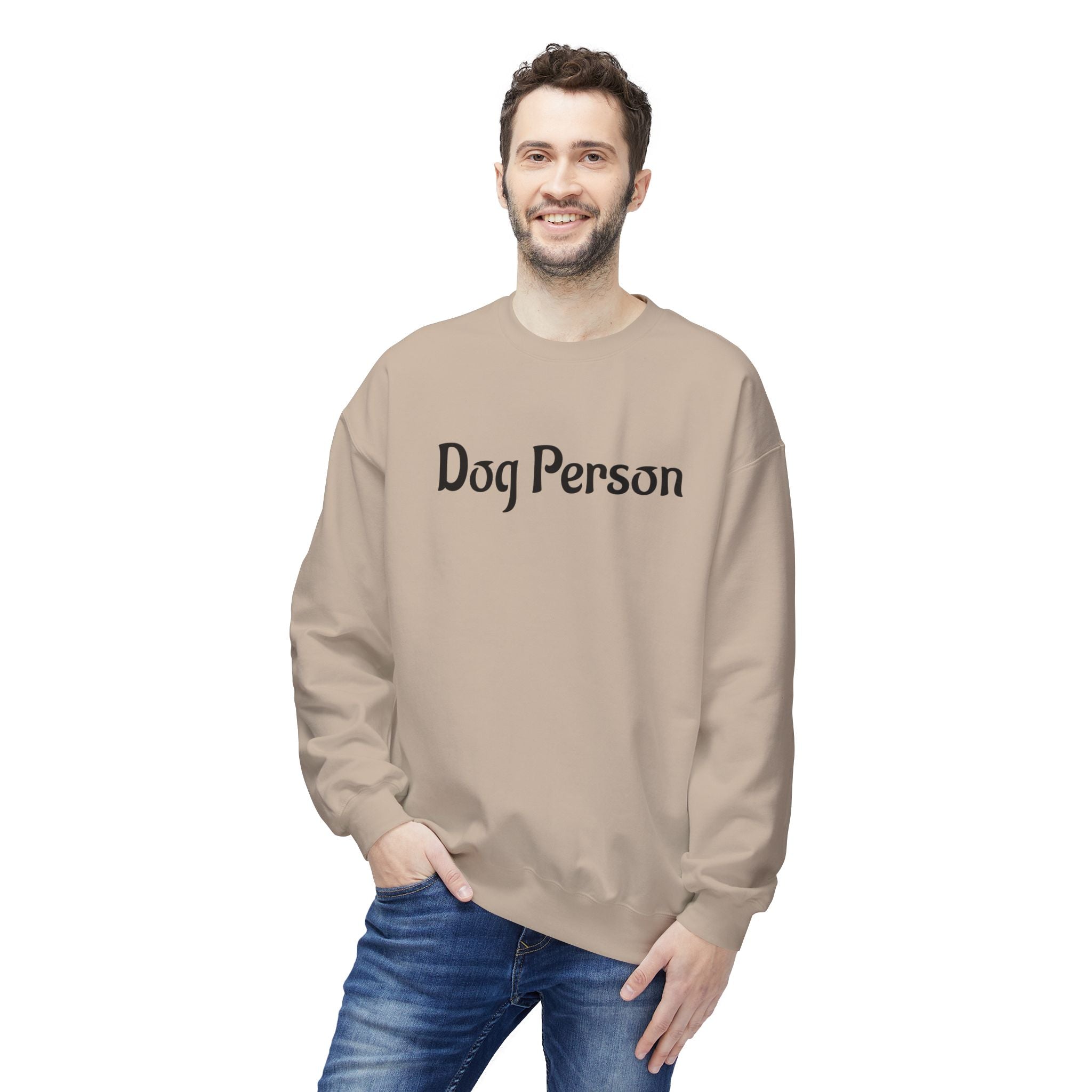 Man wearing a beige sweatshirt with 'Dog Person' text on a white background