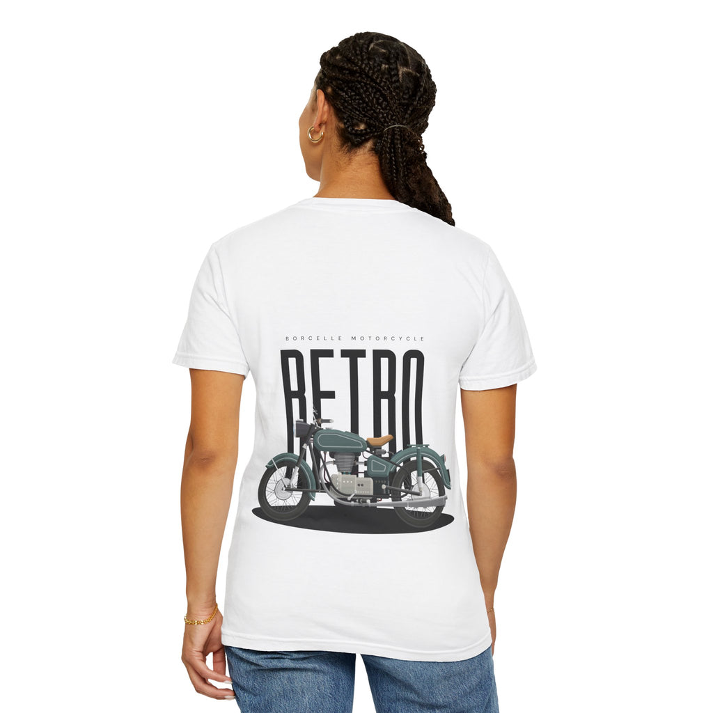 Person wearing a white t-shirt with a graphic design on the back, featuring the word 'Retro' and a vintage motorcycle.