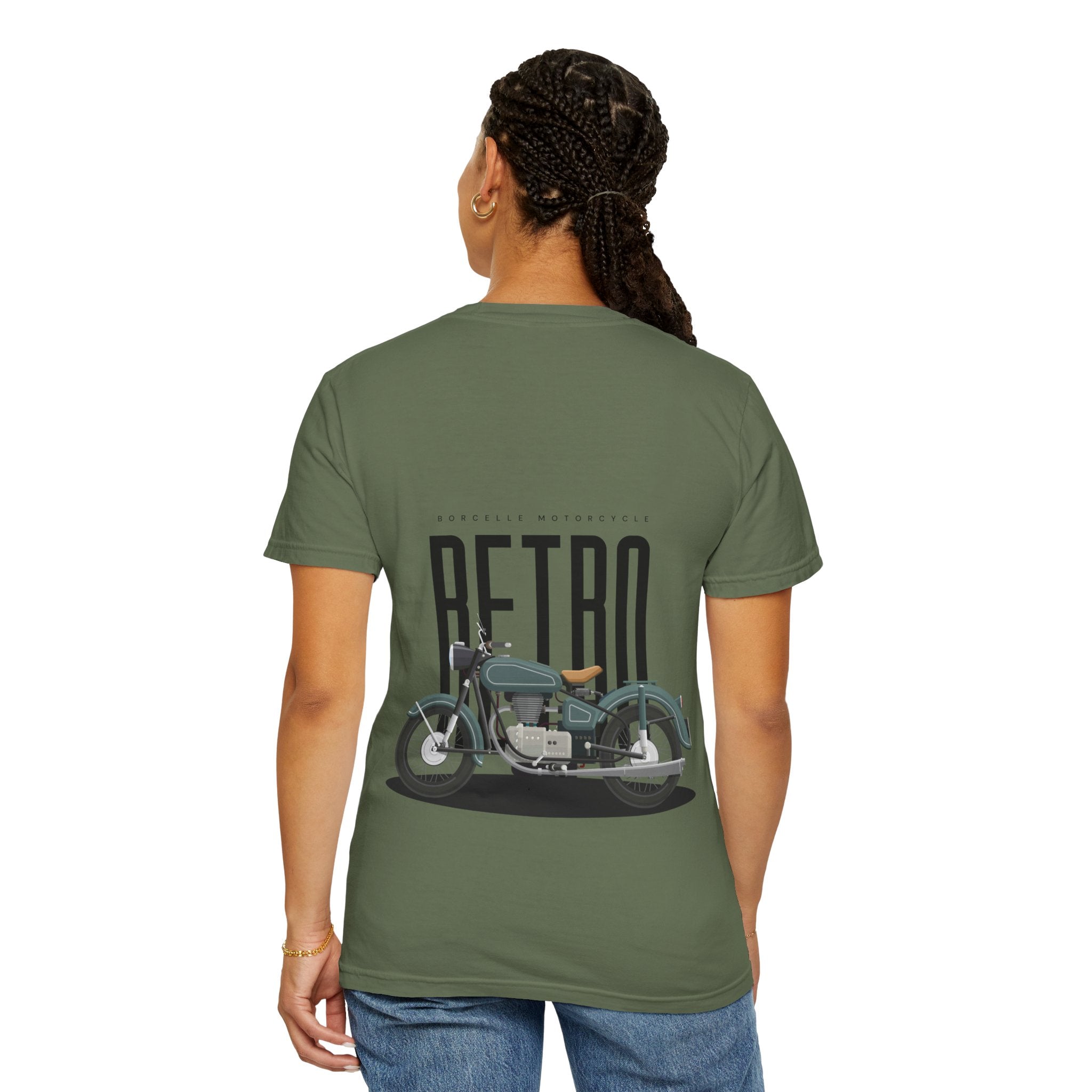 Person wearing a green t-shirt with a motorcycle graphic and 'Retro' text on the back.