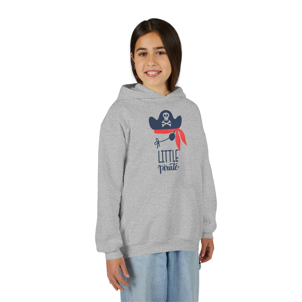 Child wearing a gray hoodie with a 'Little Pirate' design on a white background