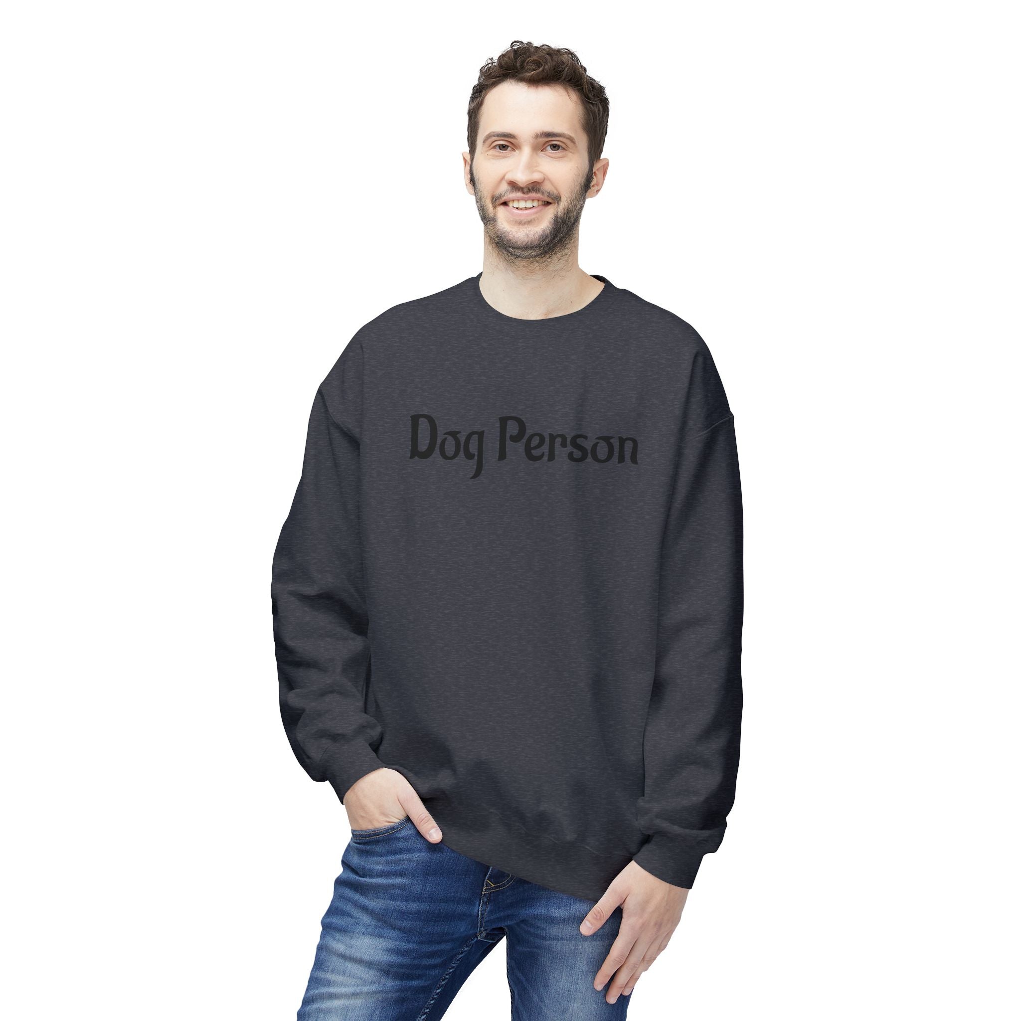 Man wearing a black sweatshirt with 'Dog Person' text on a white background