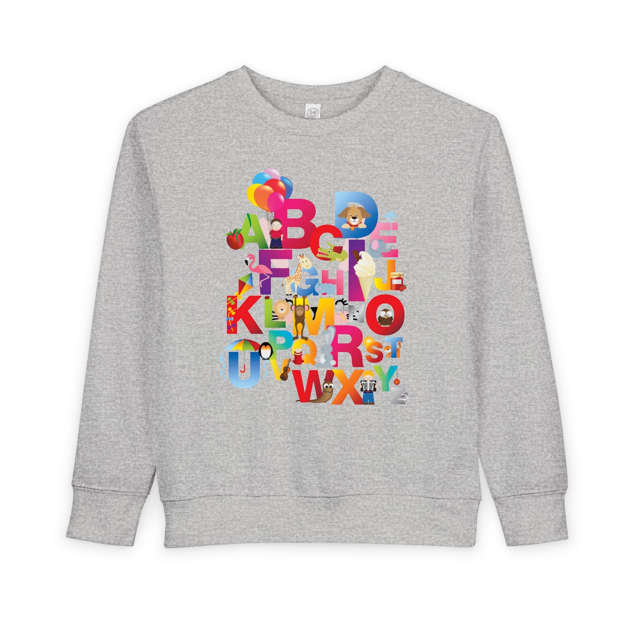 Gray sweatshirt with colorful alphabet letters on a white background
