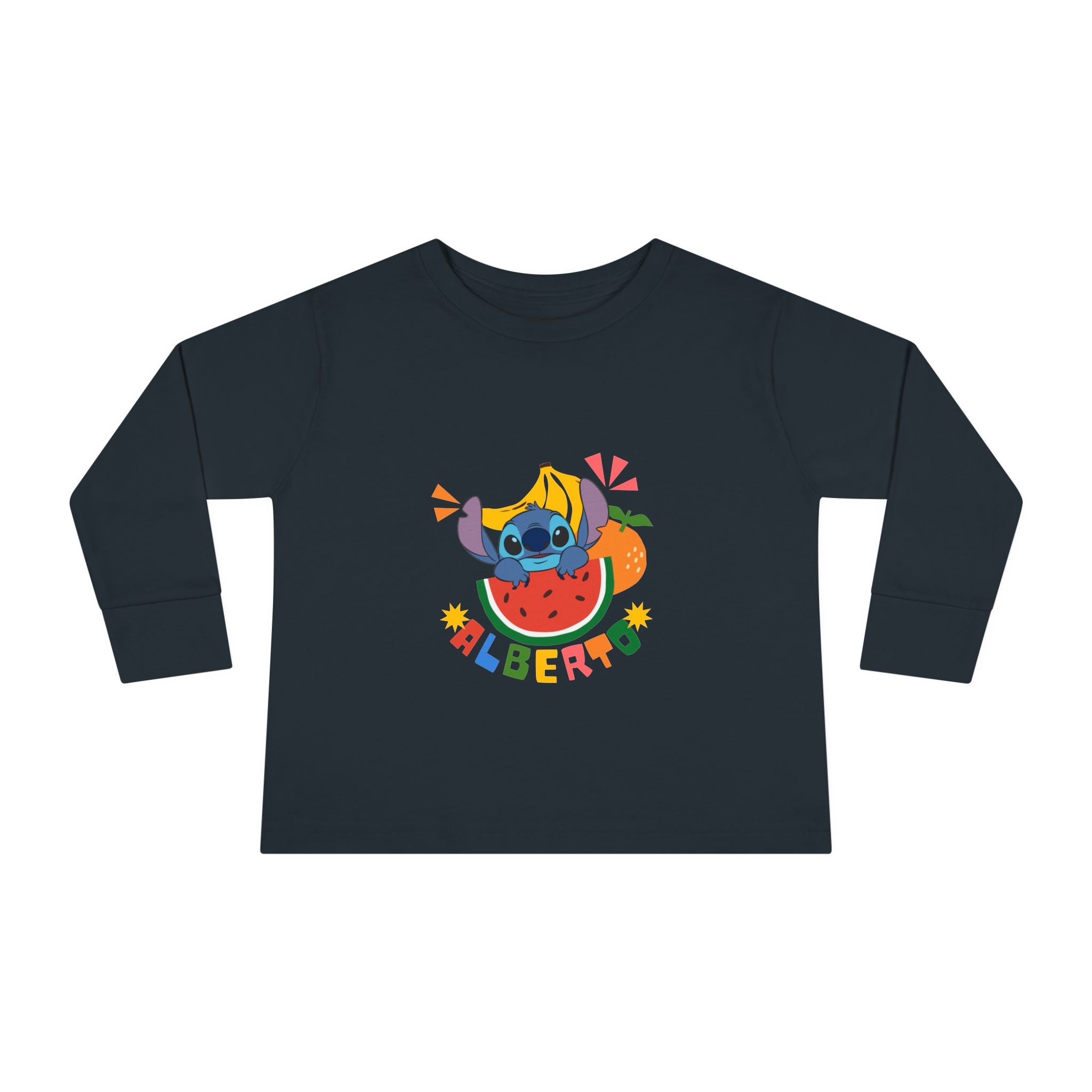 Black long-sleeve shirt with colorful character design on a white background