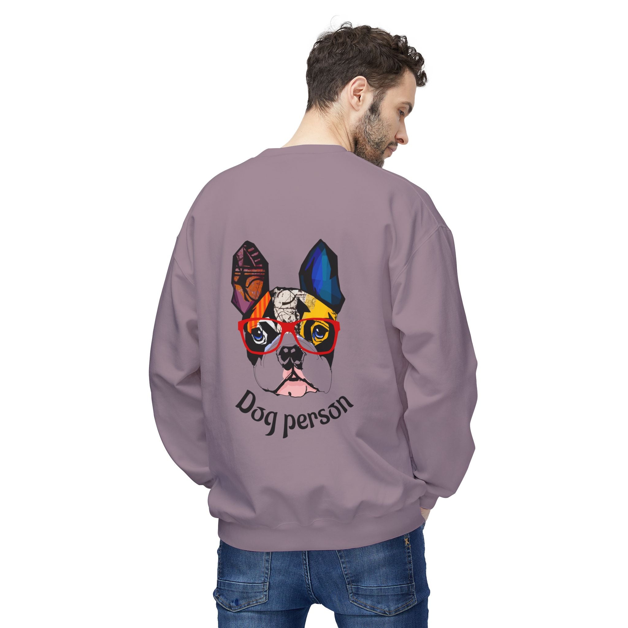 Person wearing a gray sweatshirt with a colorful dog illustration and 'Dog person' text on the back.