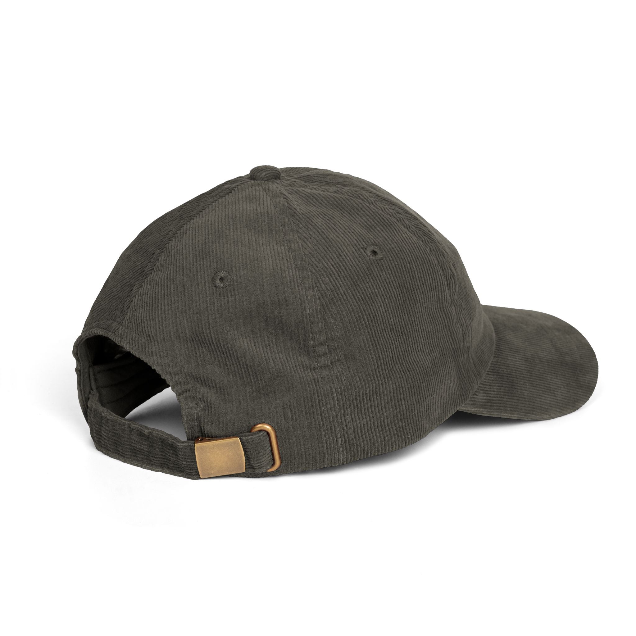 Dark gray baseball cap with a brown strap on a white background