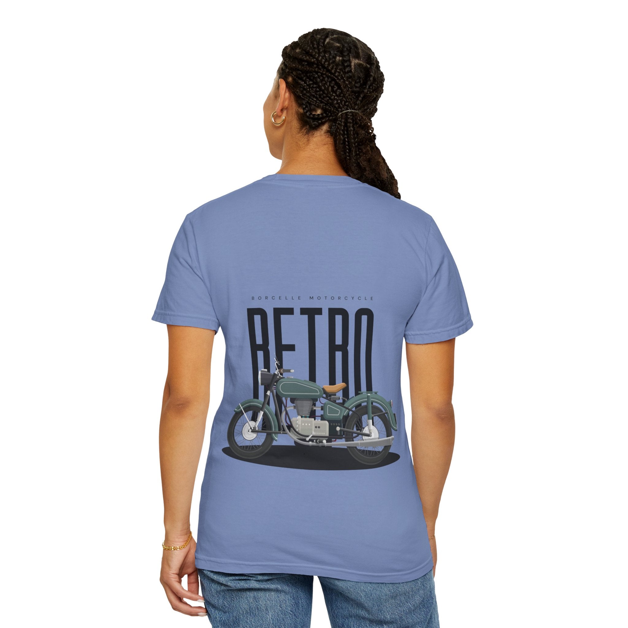 Person wearing a blue t-shirt with a graphic of a vintage motorcycle and the word 'Retro' on the back.
