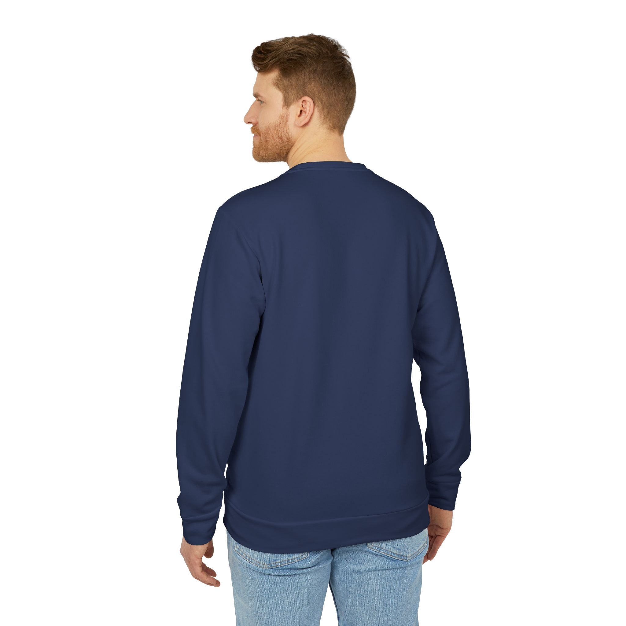 Man wearing a navy blue sweatshirt on a white background