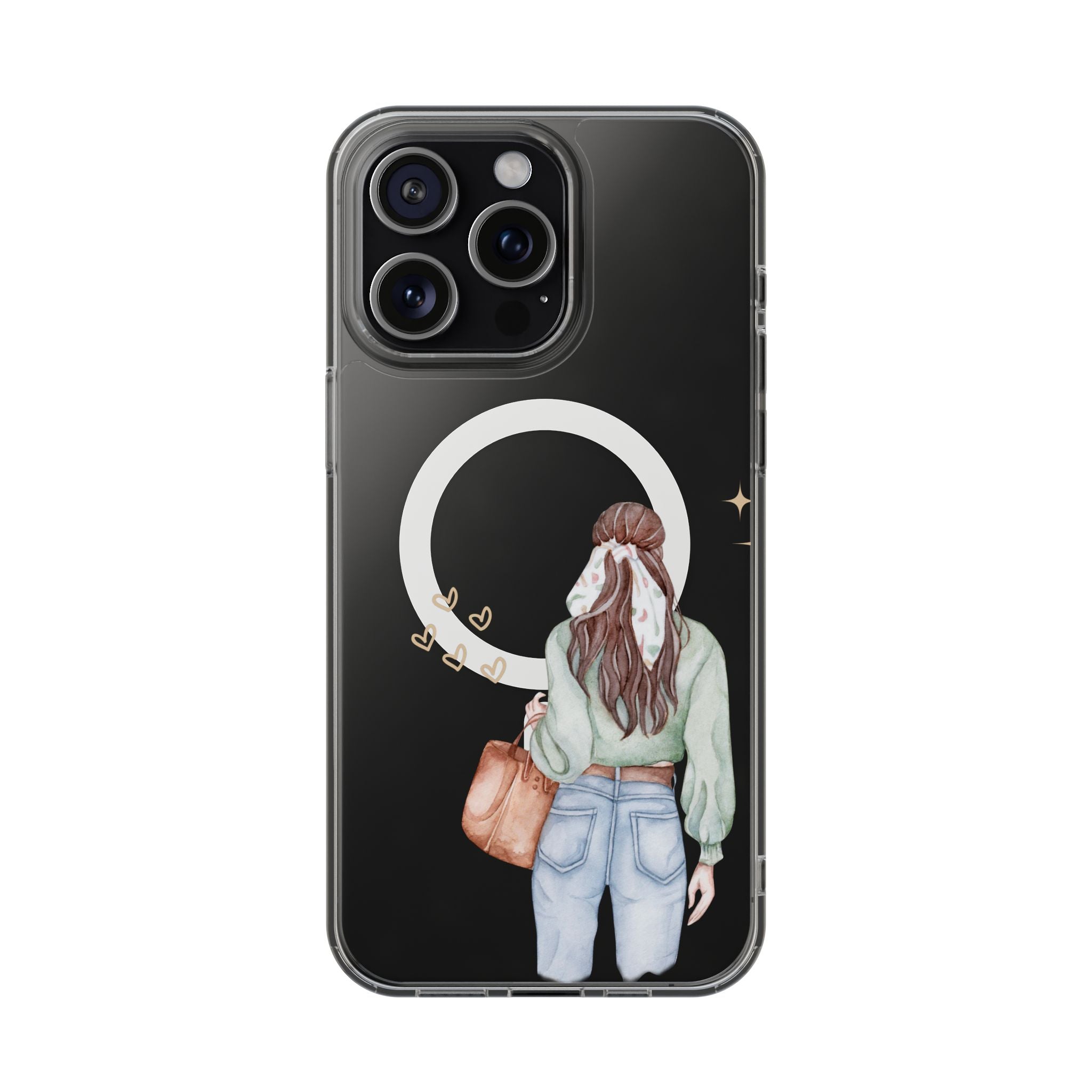Phone case with illustration of a person holding earrings on a black background