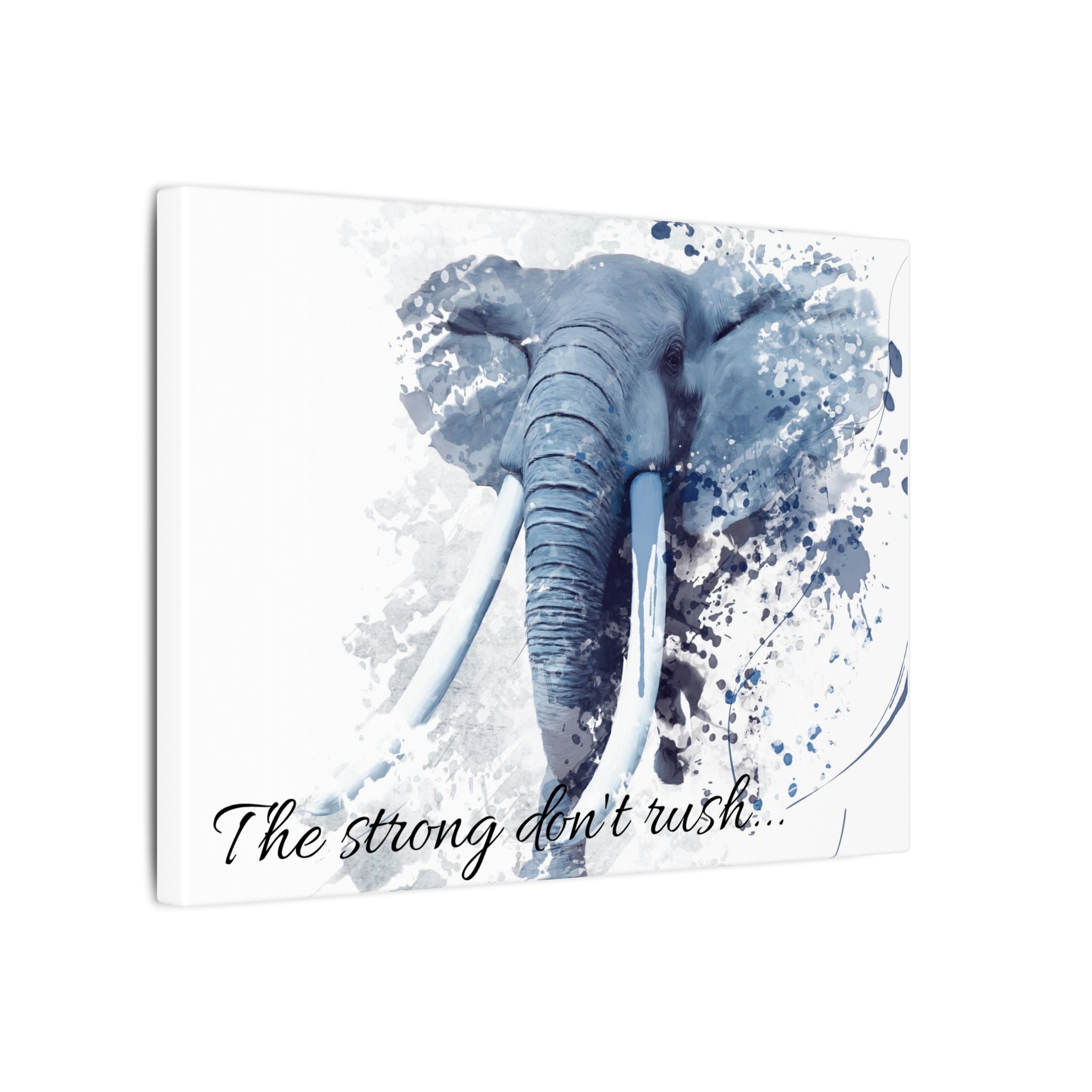 Card with an elephant design and text 'The strong don't rush' on a white background