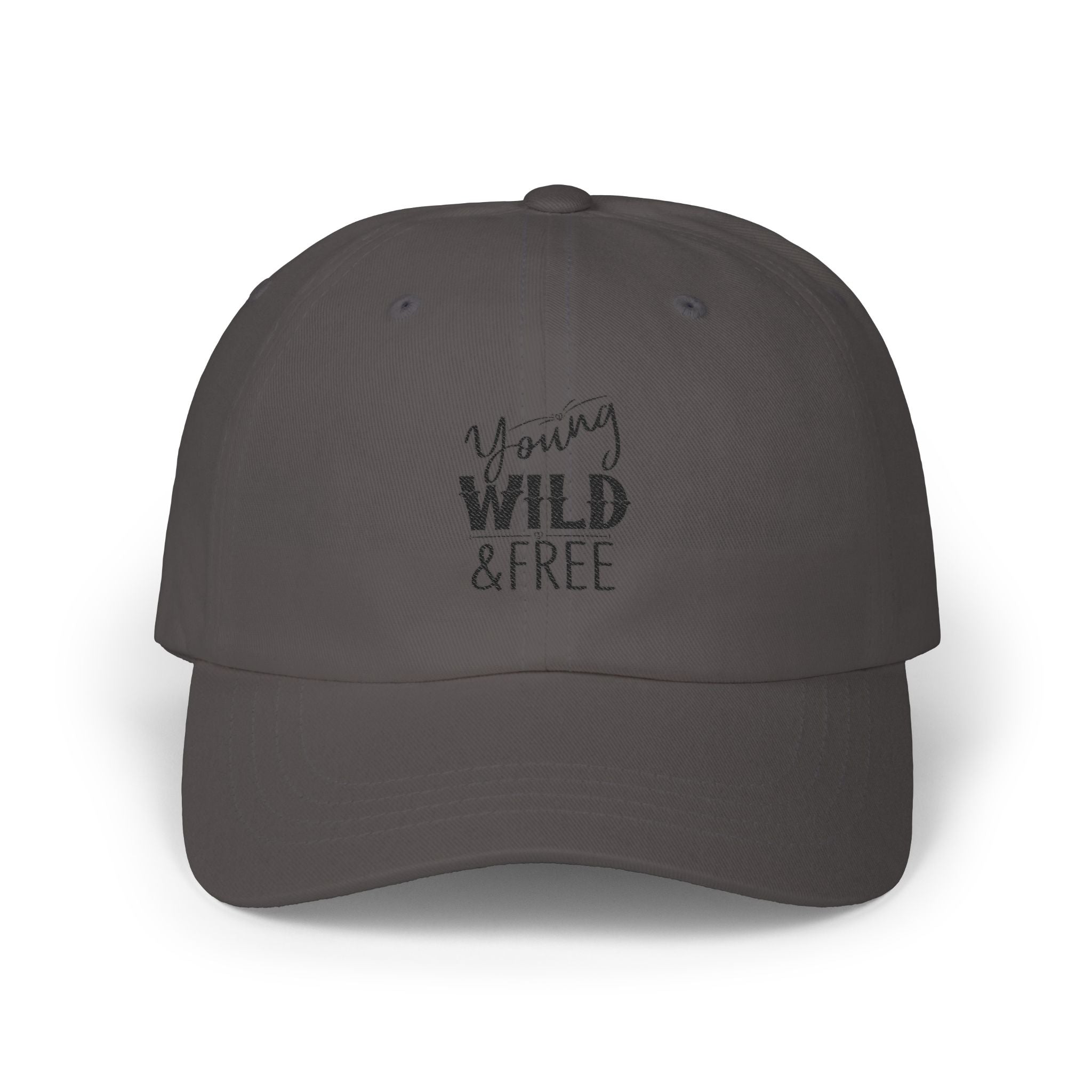 Dark gray cap with 'Young Wild & Free' text on a white background