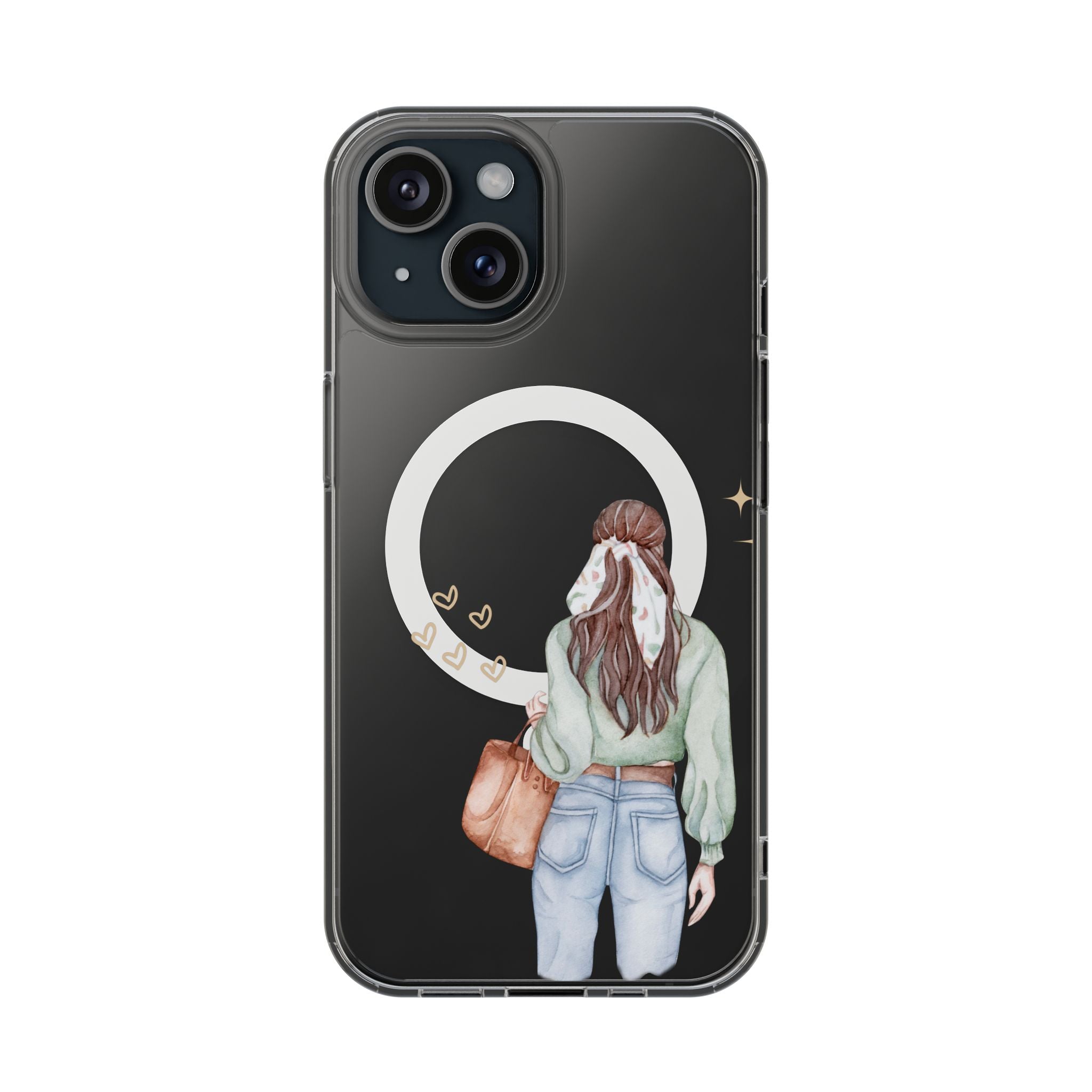 Phone case with illustration of a person holding a moon, on a black background
