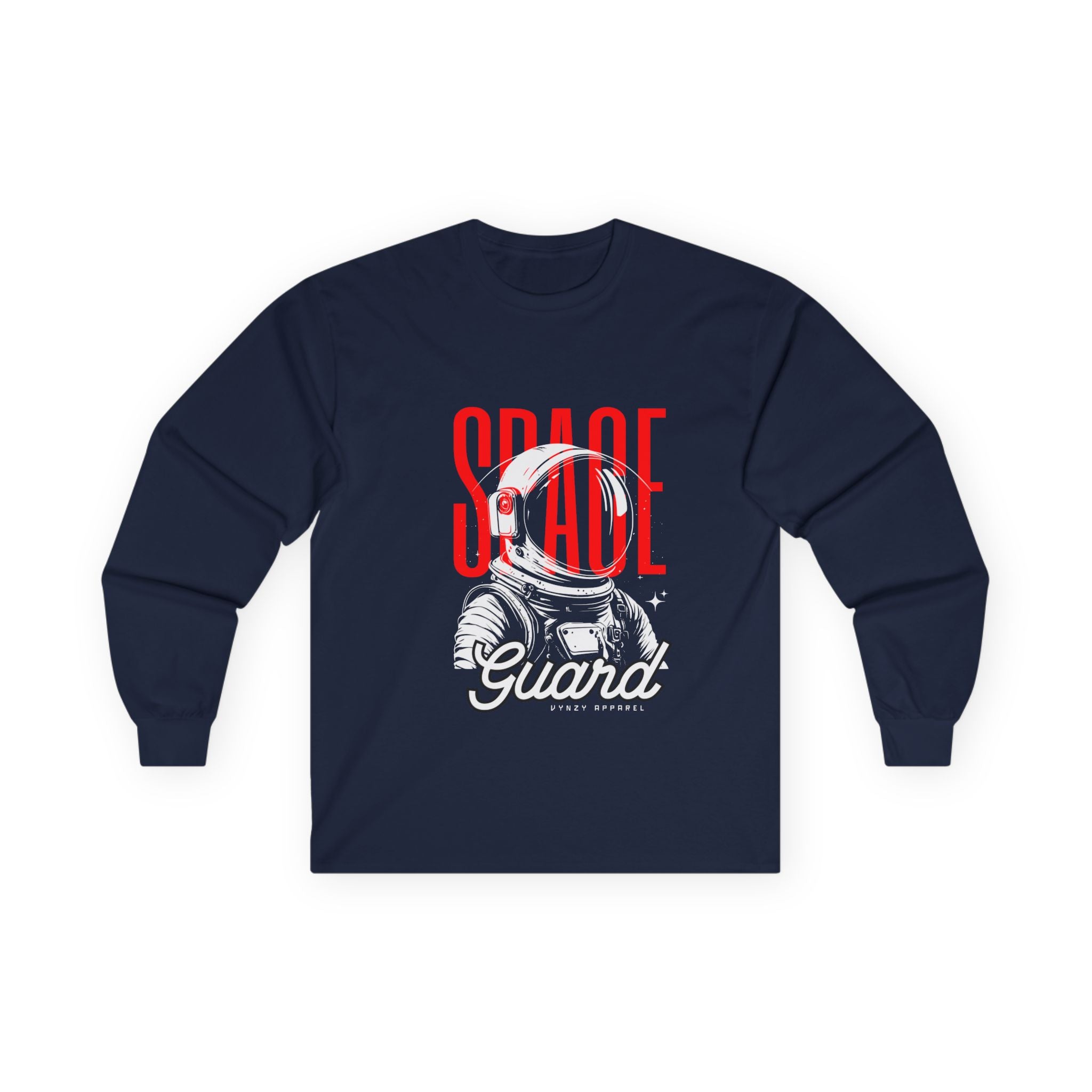 Navy blue long-sleeve shirt with space-themed graphic and text on a white background