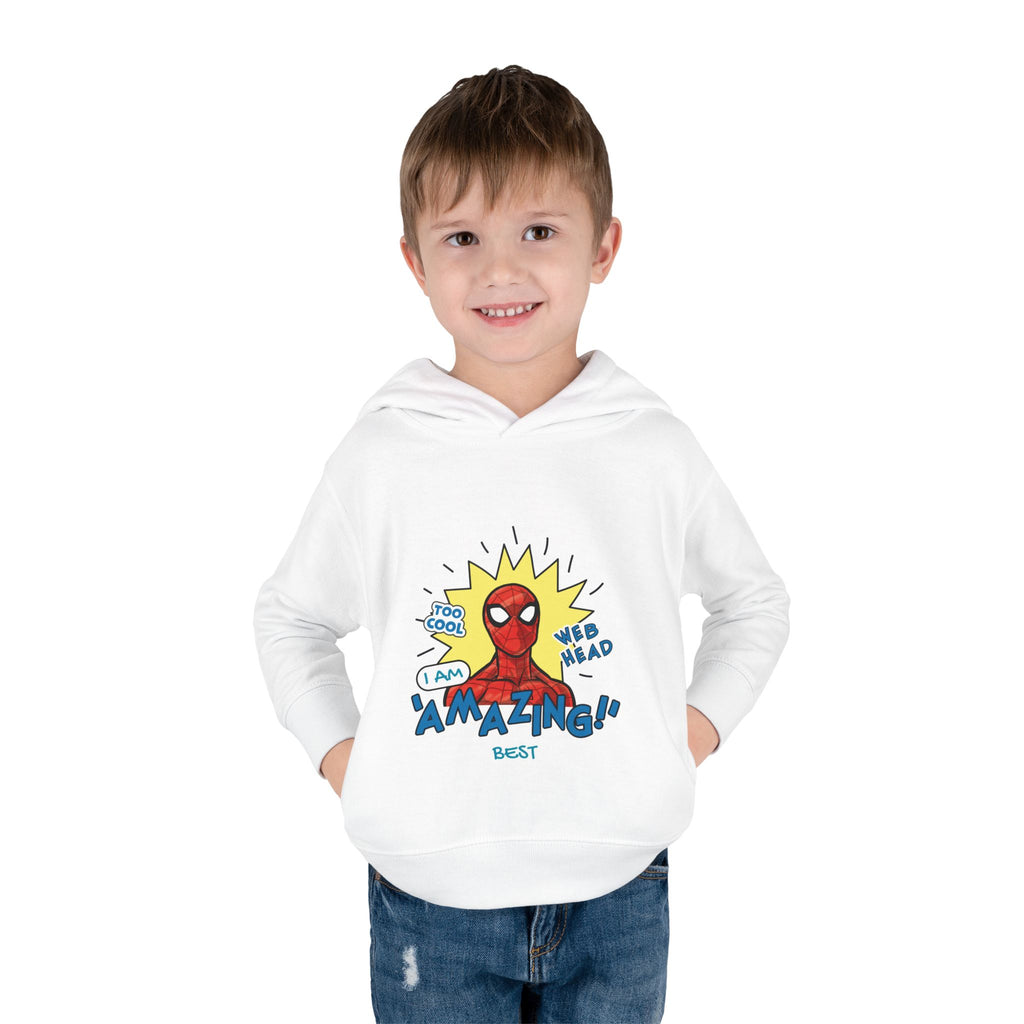 Child wearing a white hoodie with Spider-Man design on a white background