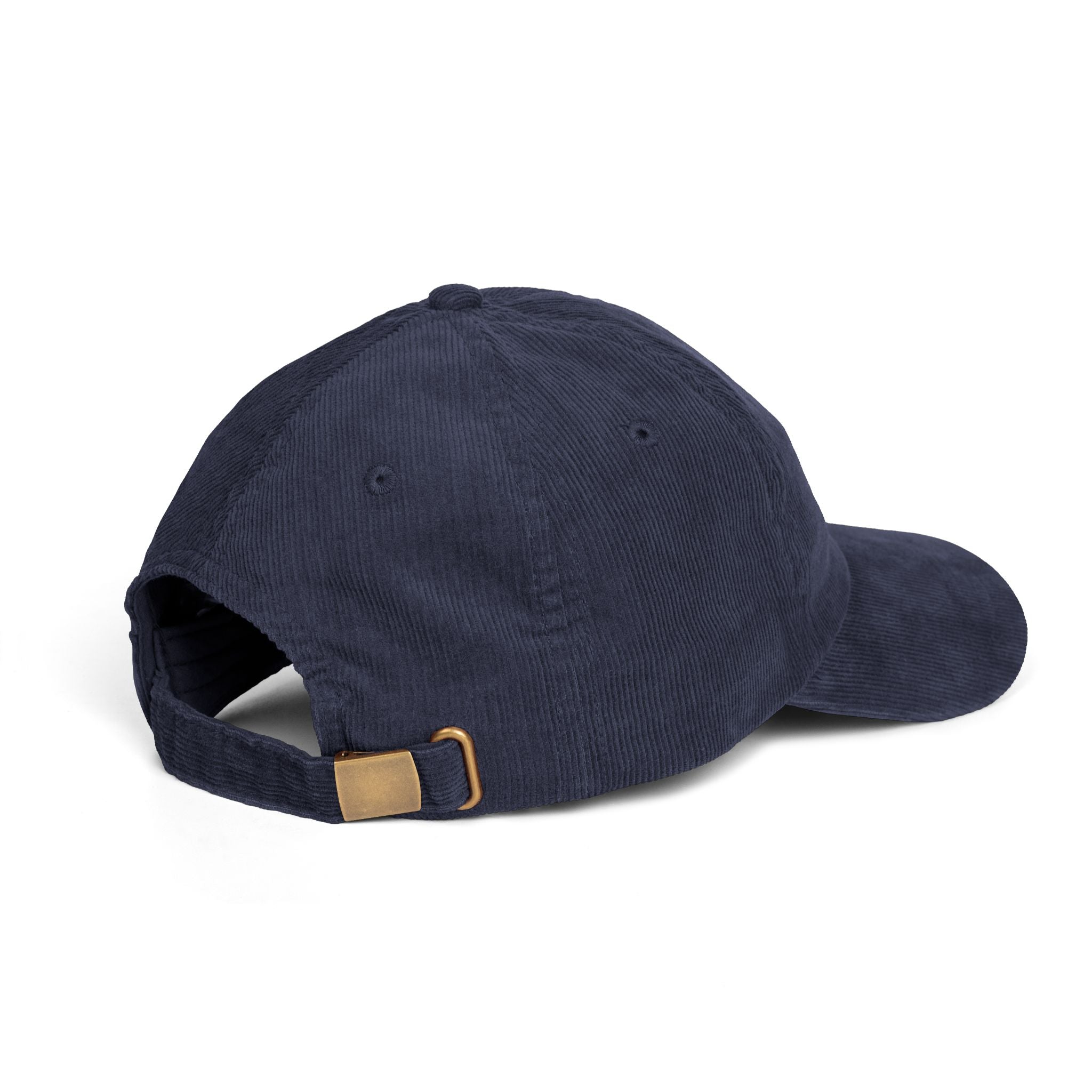 Navy blue cap with a brown buckle on a white background