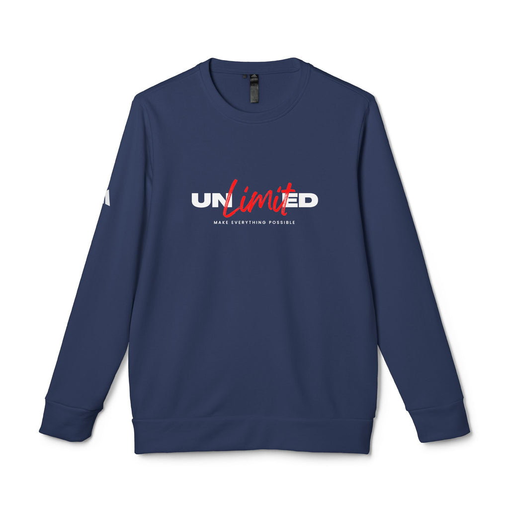 Navy blue sweatshirt with 'UNLIMITED' text on a white background