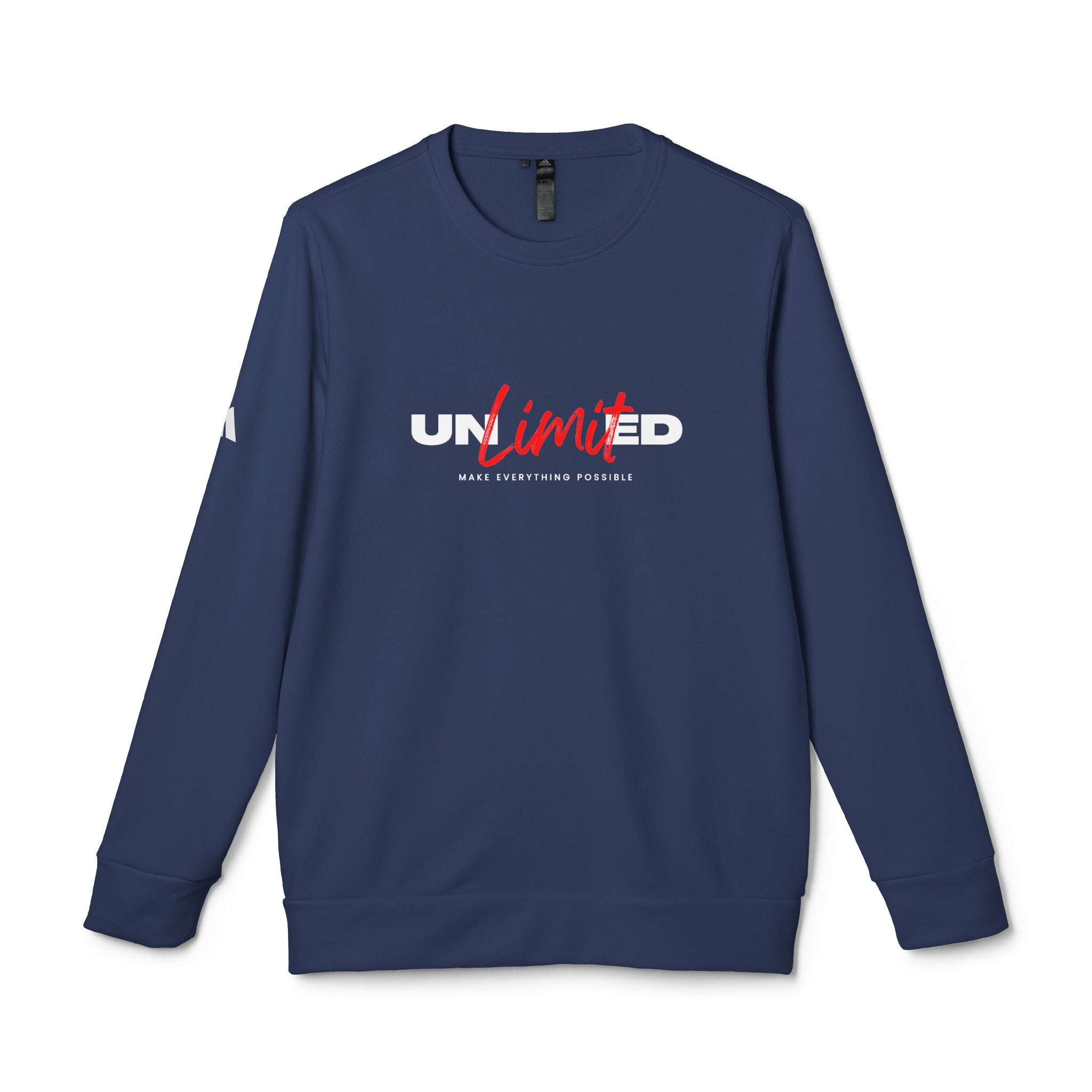 Navy blue sweatshirt with 'UNLIMITED' text on a white background