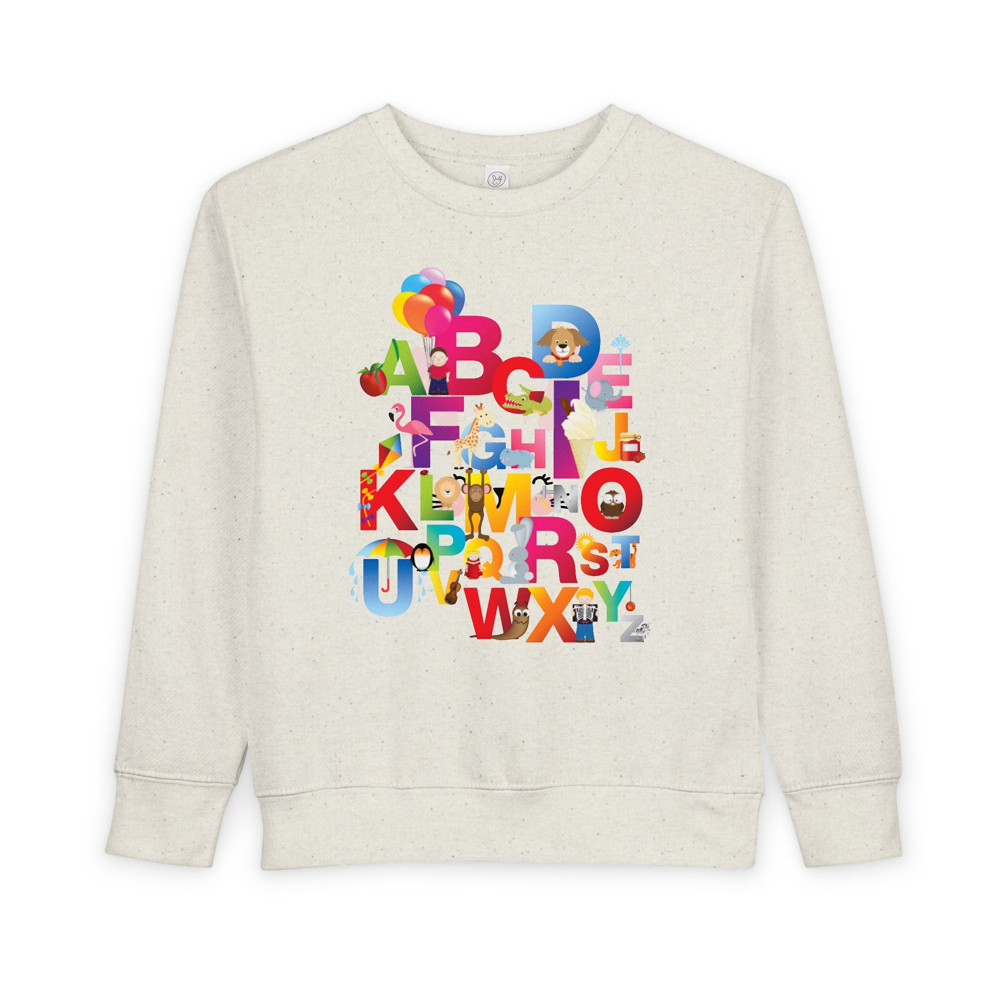 Beige sweatshirt with colorful alphabet letters on a white background