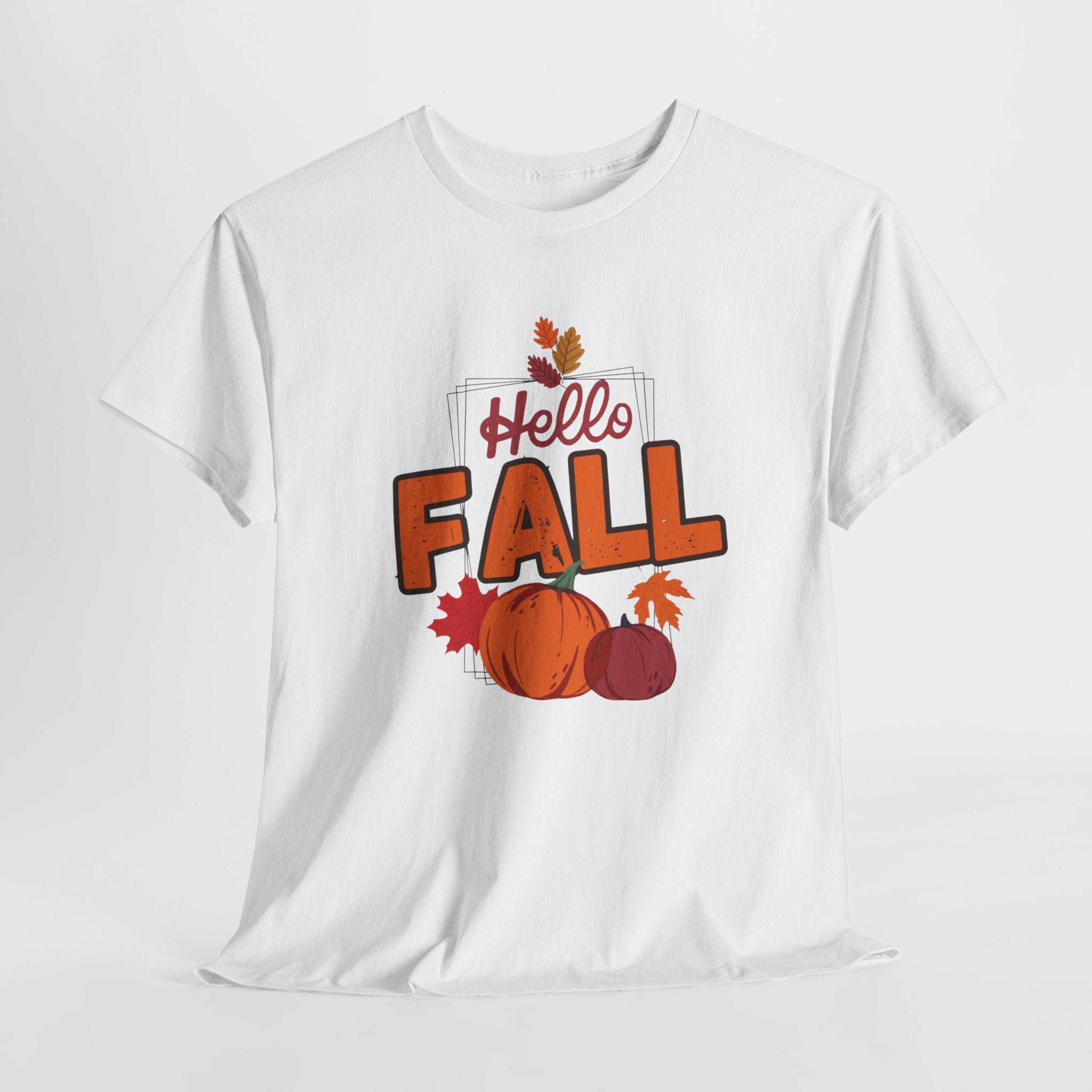 White t-shirt with 'Hello Fall' text and autumn graphics on a white background