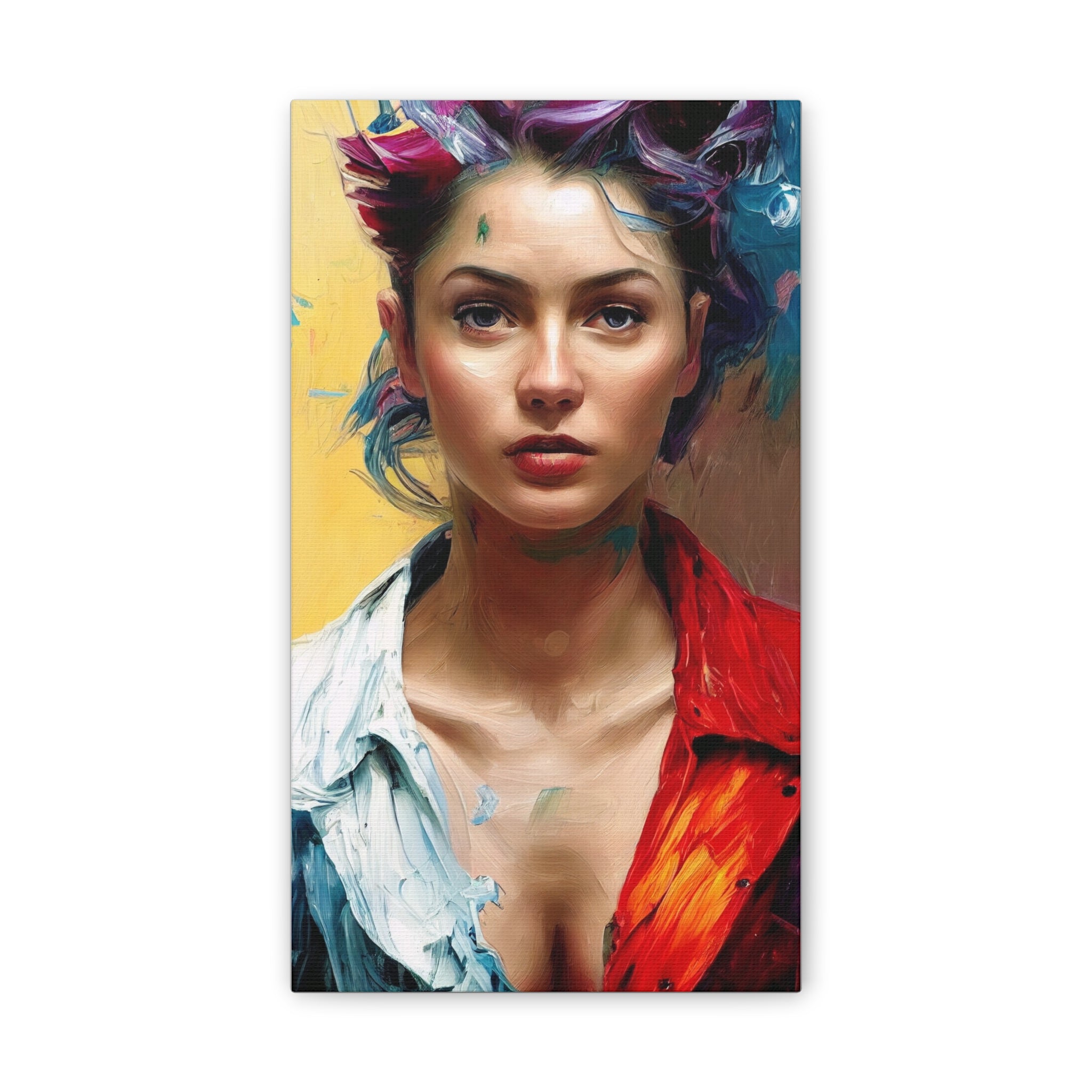 Artistic depiction of a woman with colorful hair and tattoos on a white background