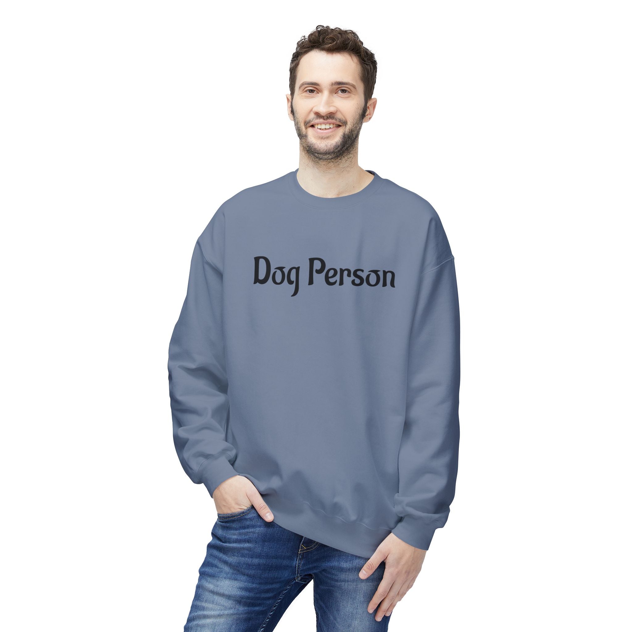 Man wearing a gray sweatshirt with 'Dog Person' text on a white background