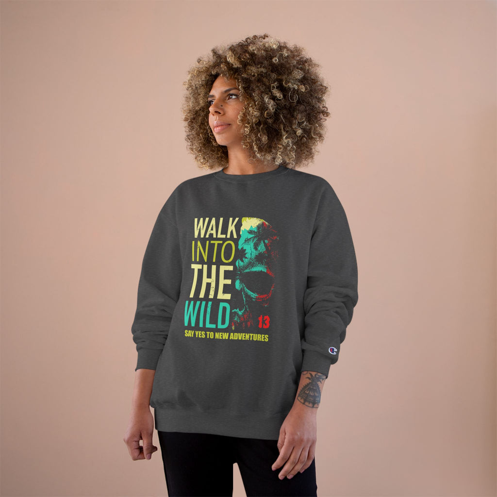 Person wearing a dark gray sweatshirt with 'Walk into the Wild' text and graphic on a beige background