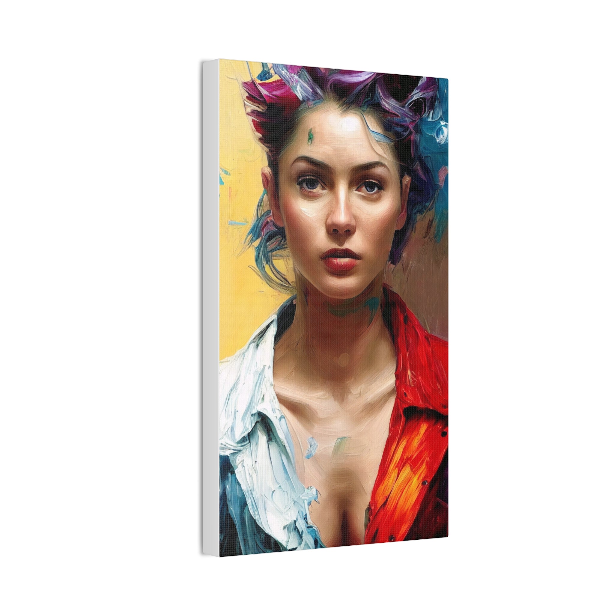 Canvas print of a woman with colorful hair and tattoos on a white background