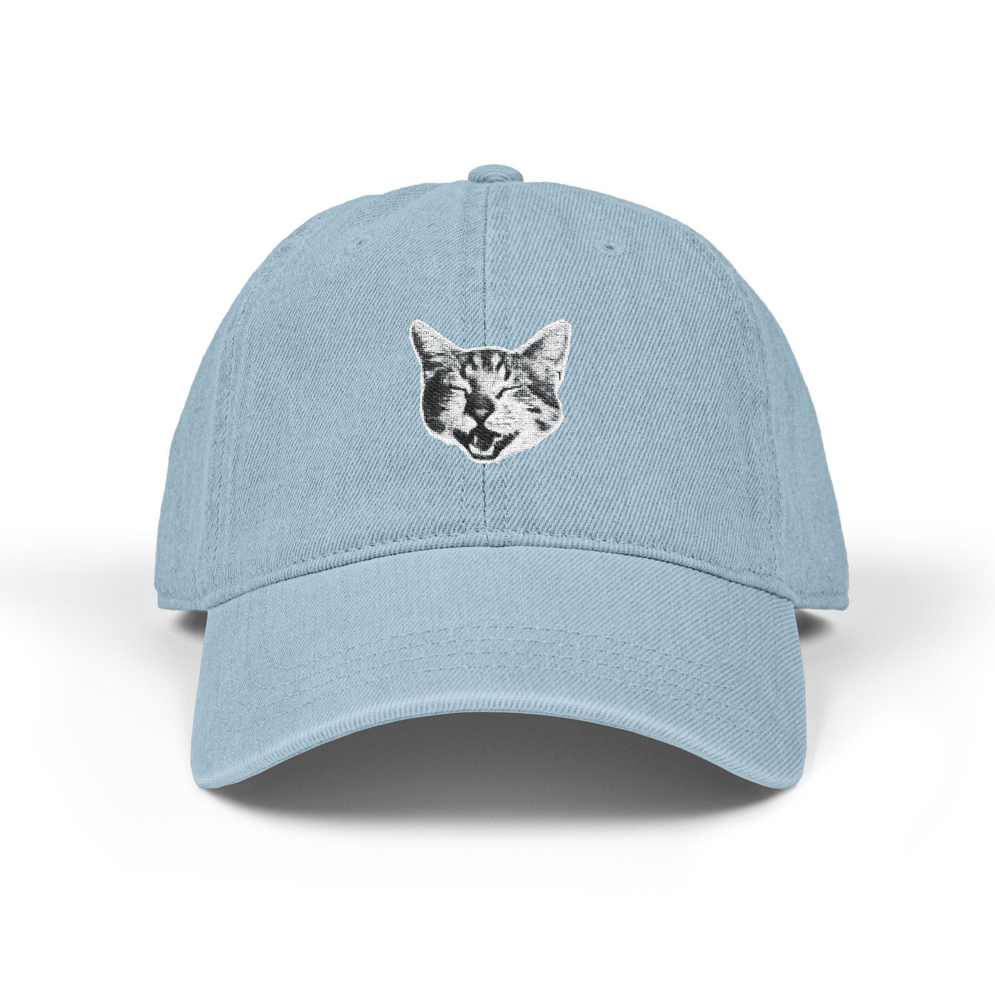 Light blue baseball cap with a cat face emblem on a white background
