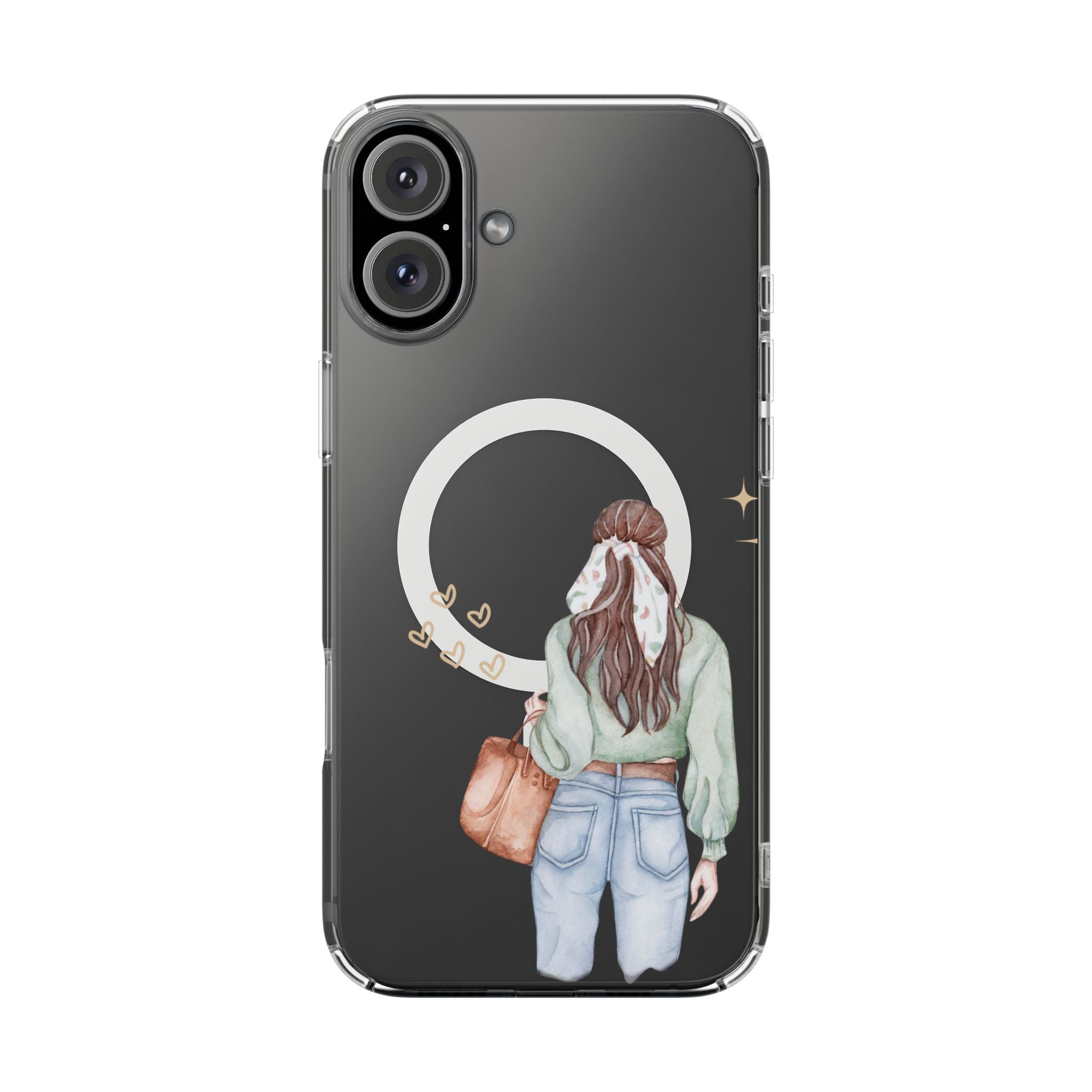 Phone case with illustration of a person holding a bag on a black background