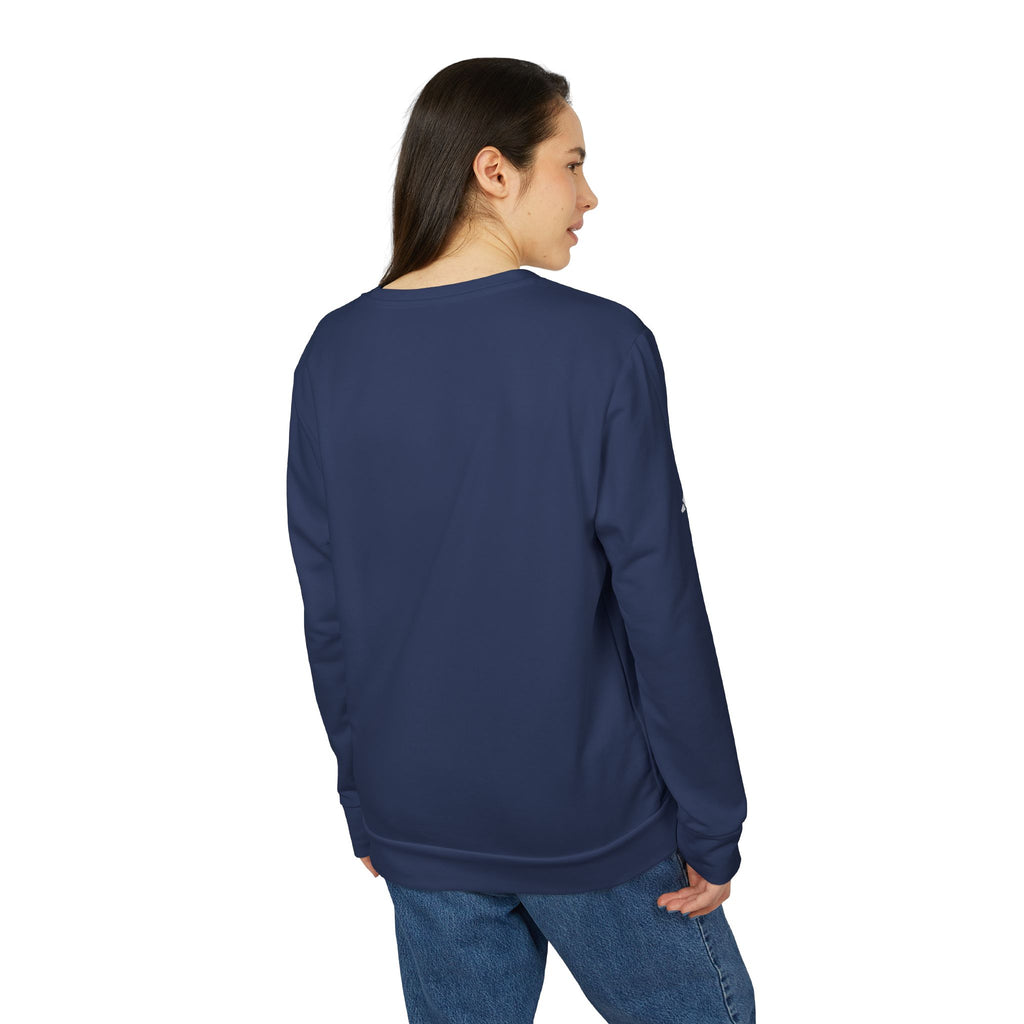 Person wearing a navy blue sweatshirt on a white background