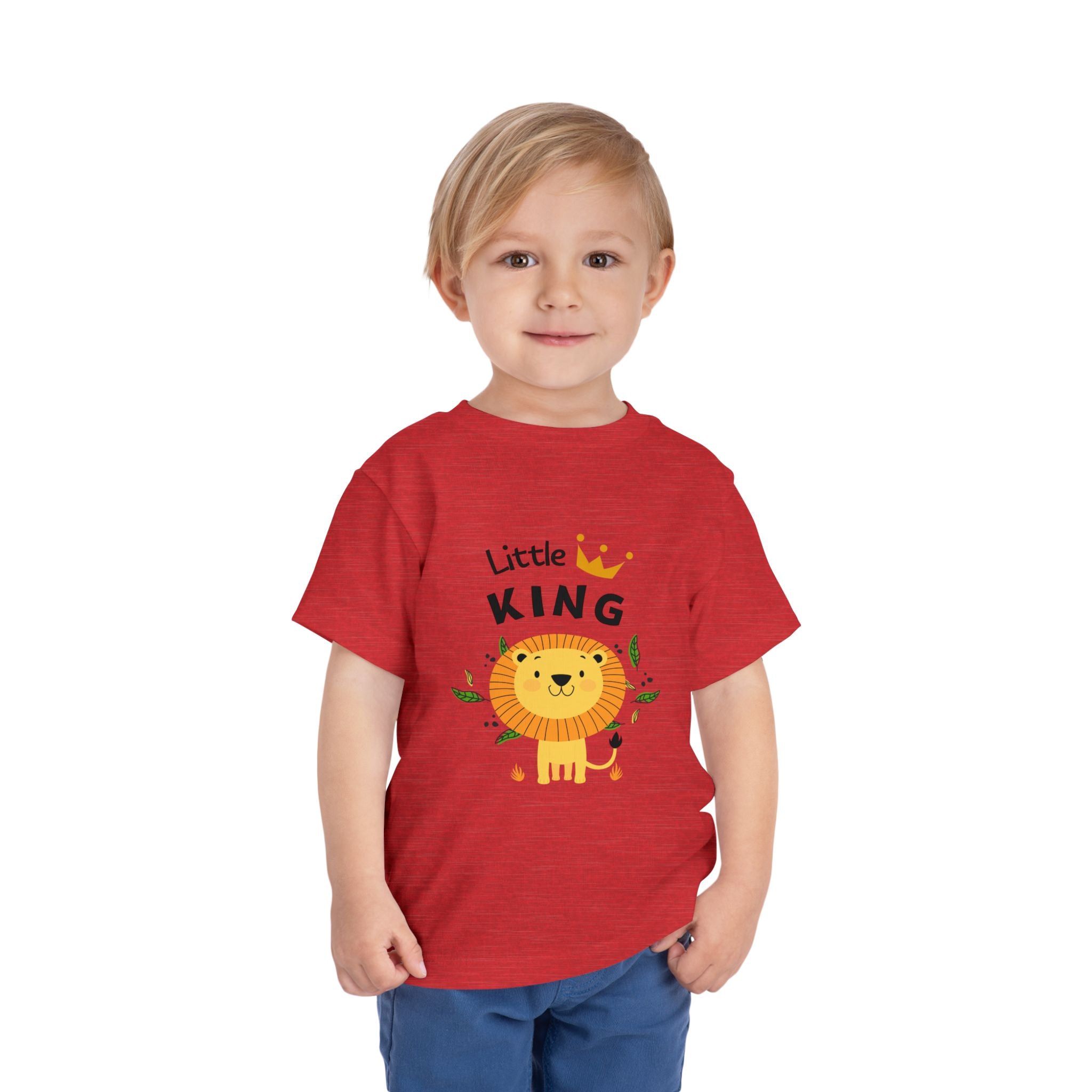 Child wearing a red t-shirt with a lion graphic and 'Little King' text on a white background